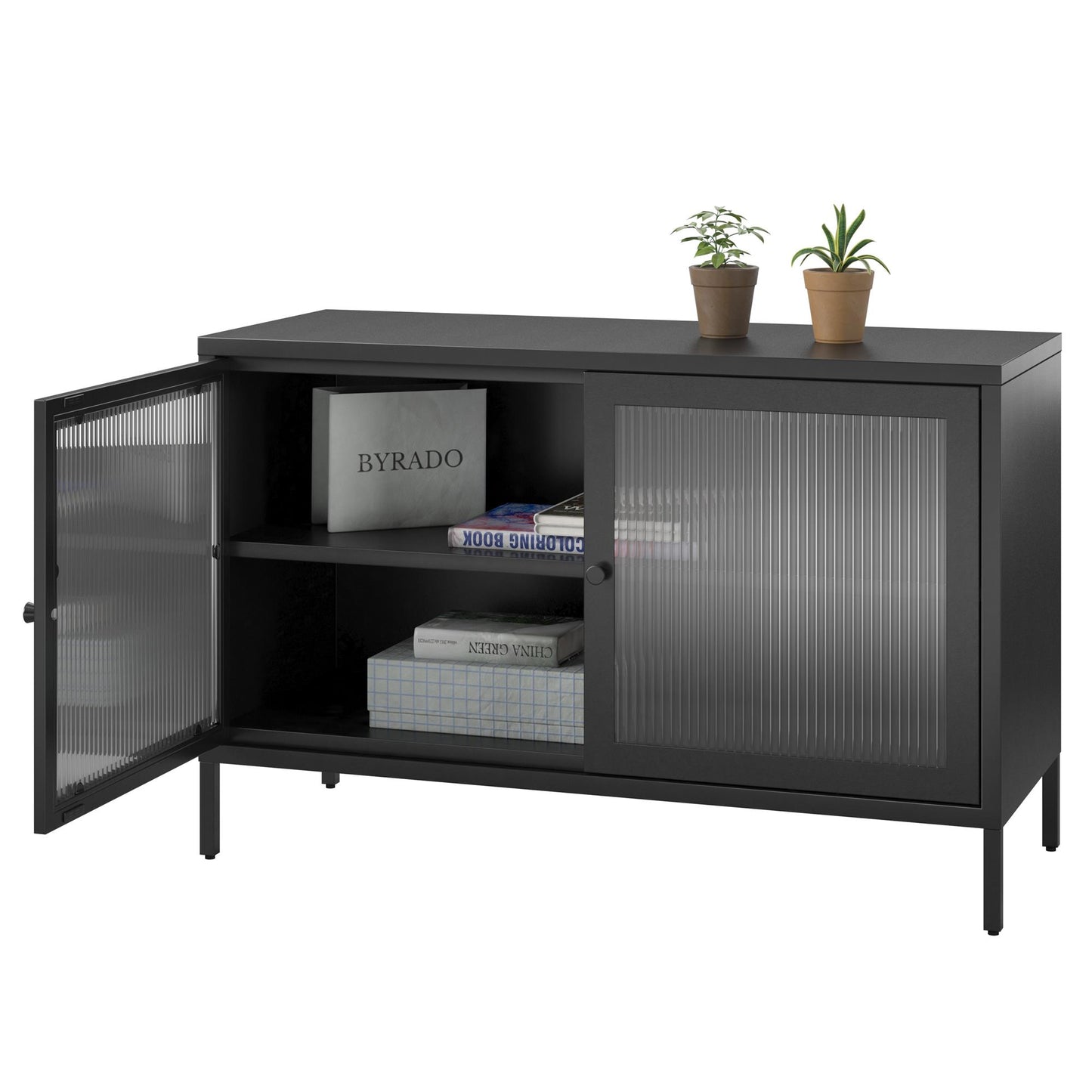 Ashbury Heights 2 Door Storage Cabinet-Fluted Glass Metal Locker, Black - Black