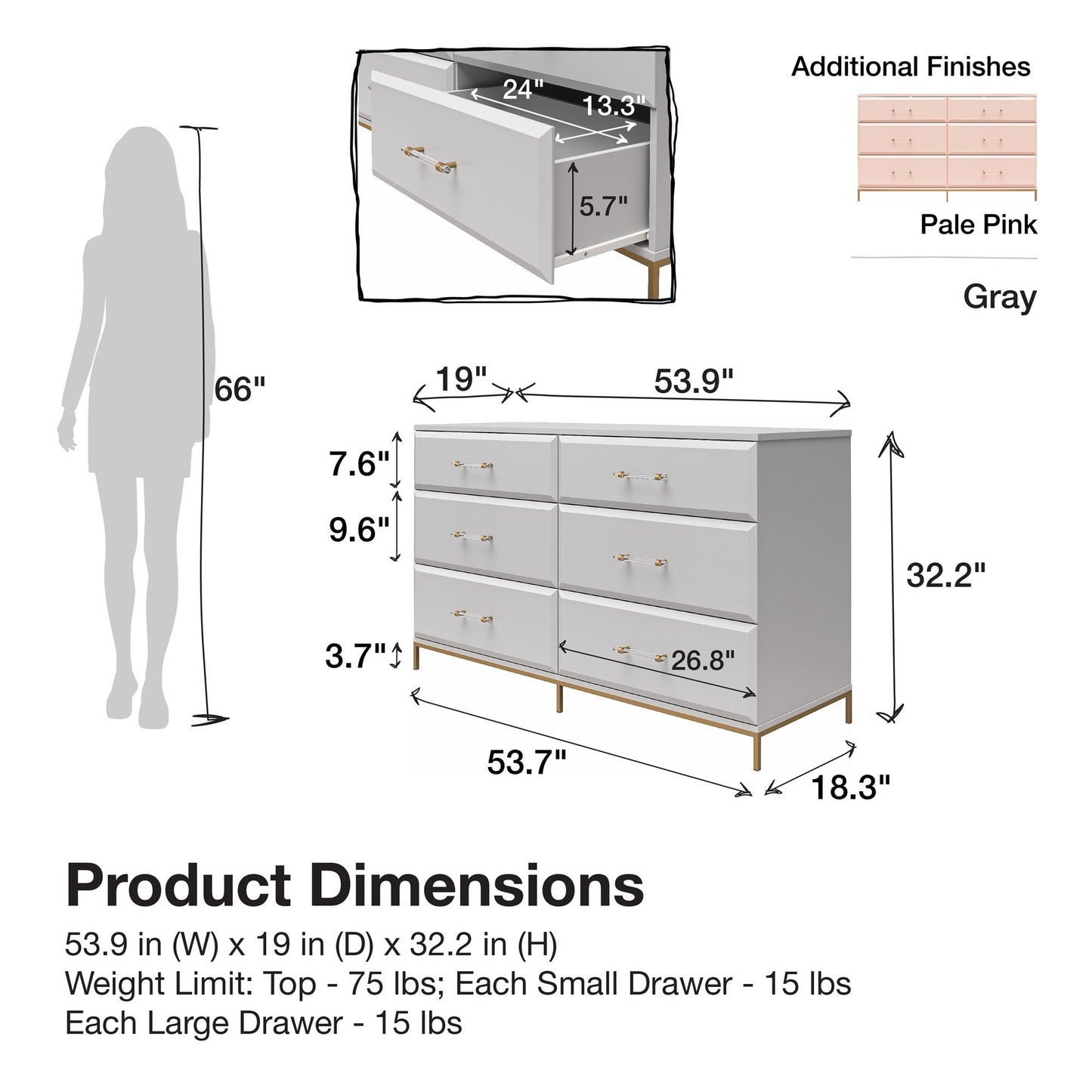 Effie 6 Drawer Dresser - Pale Pink