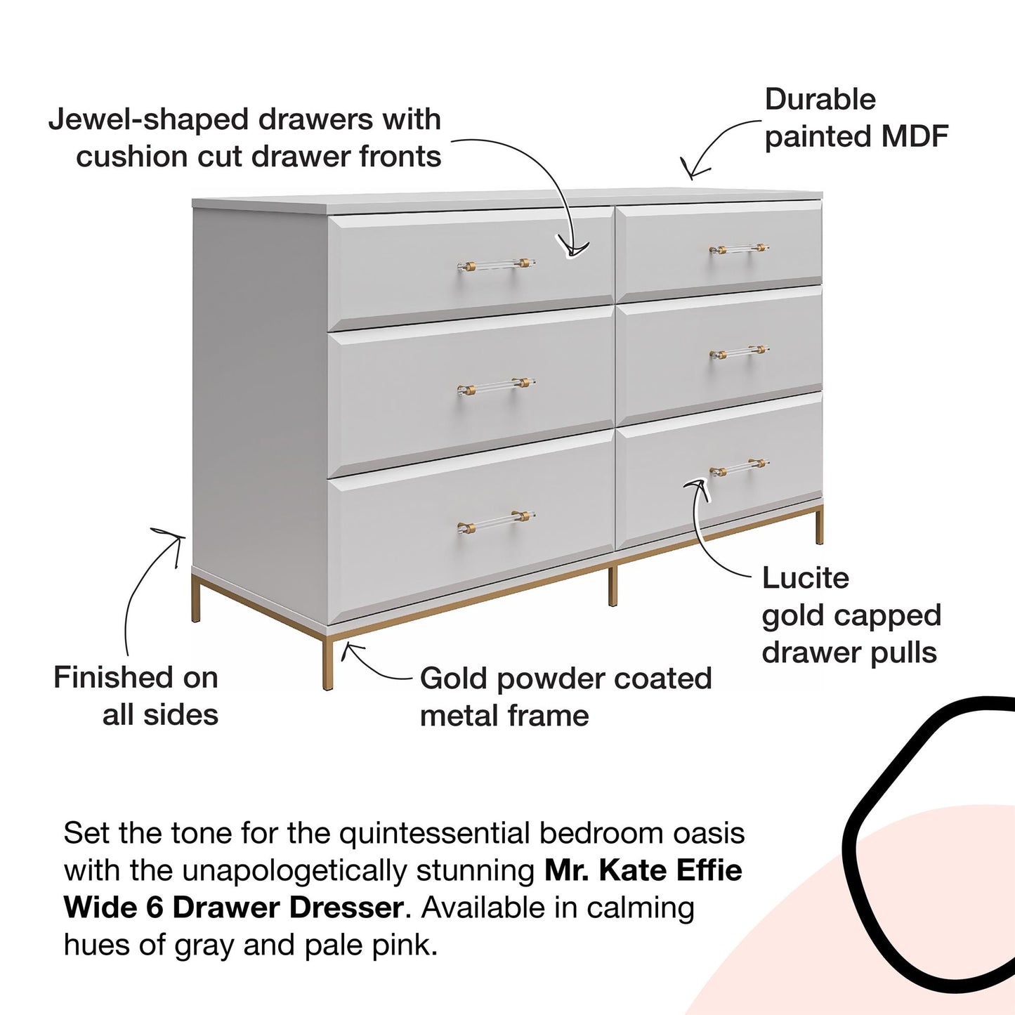 Effie 6 Drawer Dresser - Pale Pink