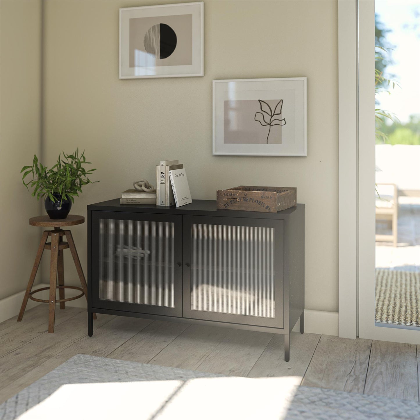 Ashbury Heights 2 Door Storage Cabinet-Fluted Glass Metal Locker, Black - Black