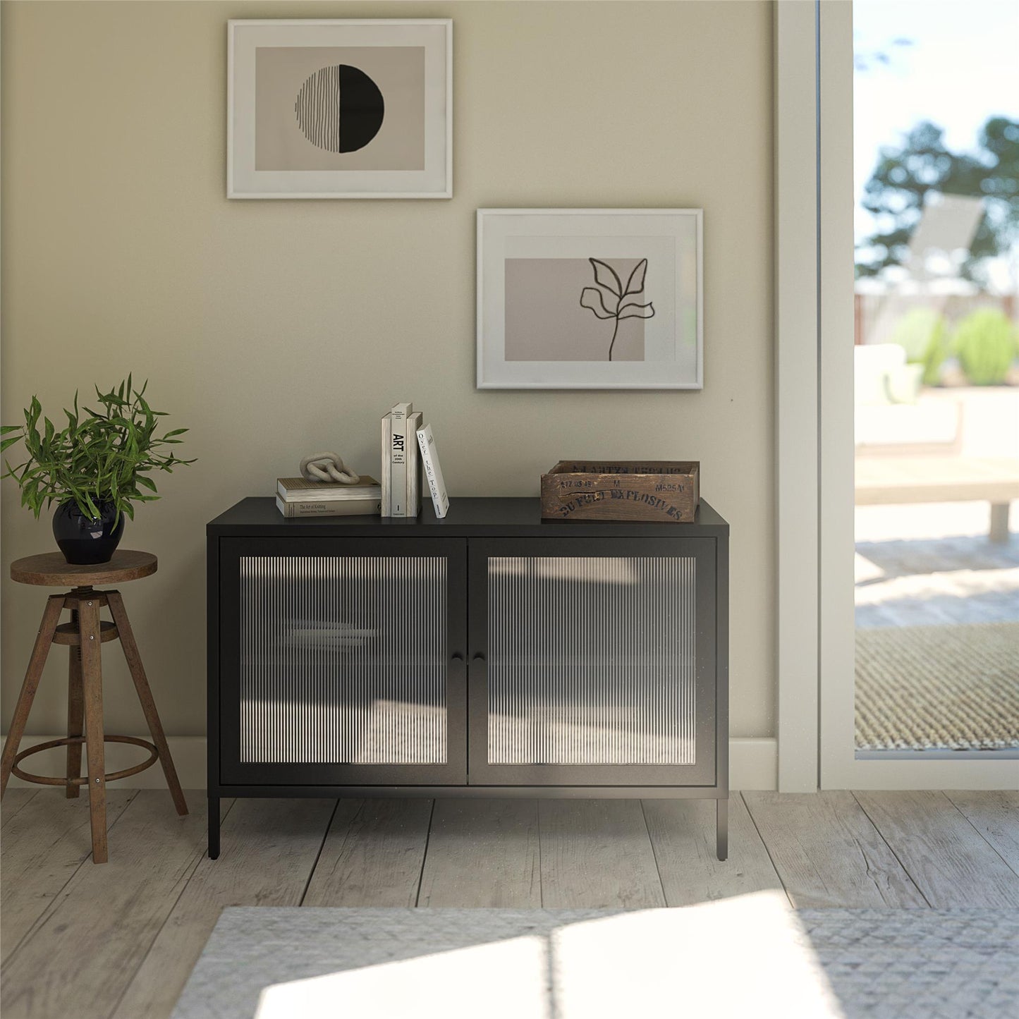 Ashbury Heights 2 Door Storage Cabinet-Fluted Glass Metal Locker, Black - Black