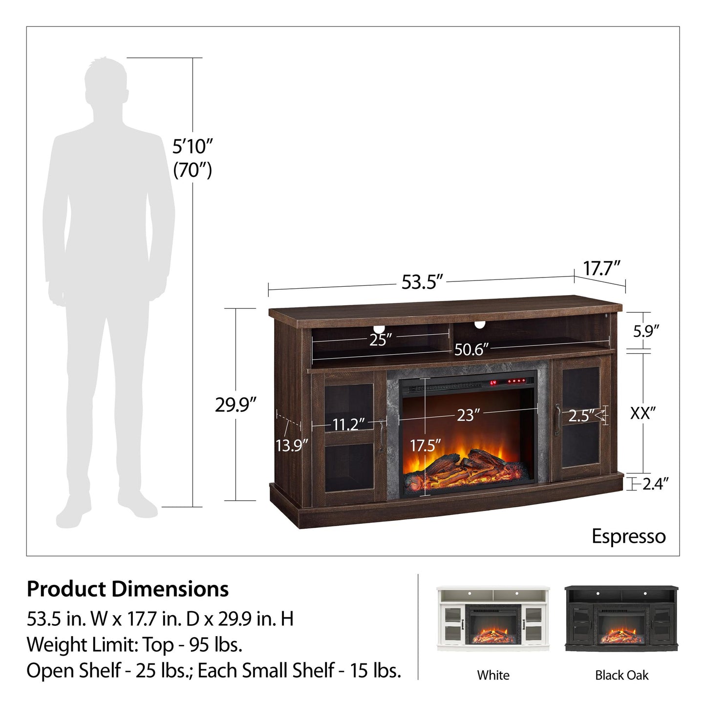 Barrow Creek Fireplace Console with Glass Doors for TVs up to 60", White - White