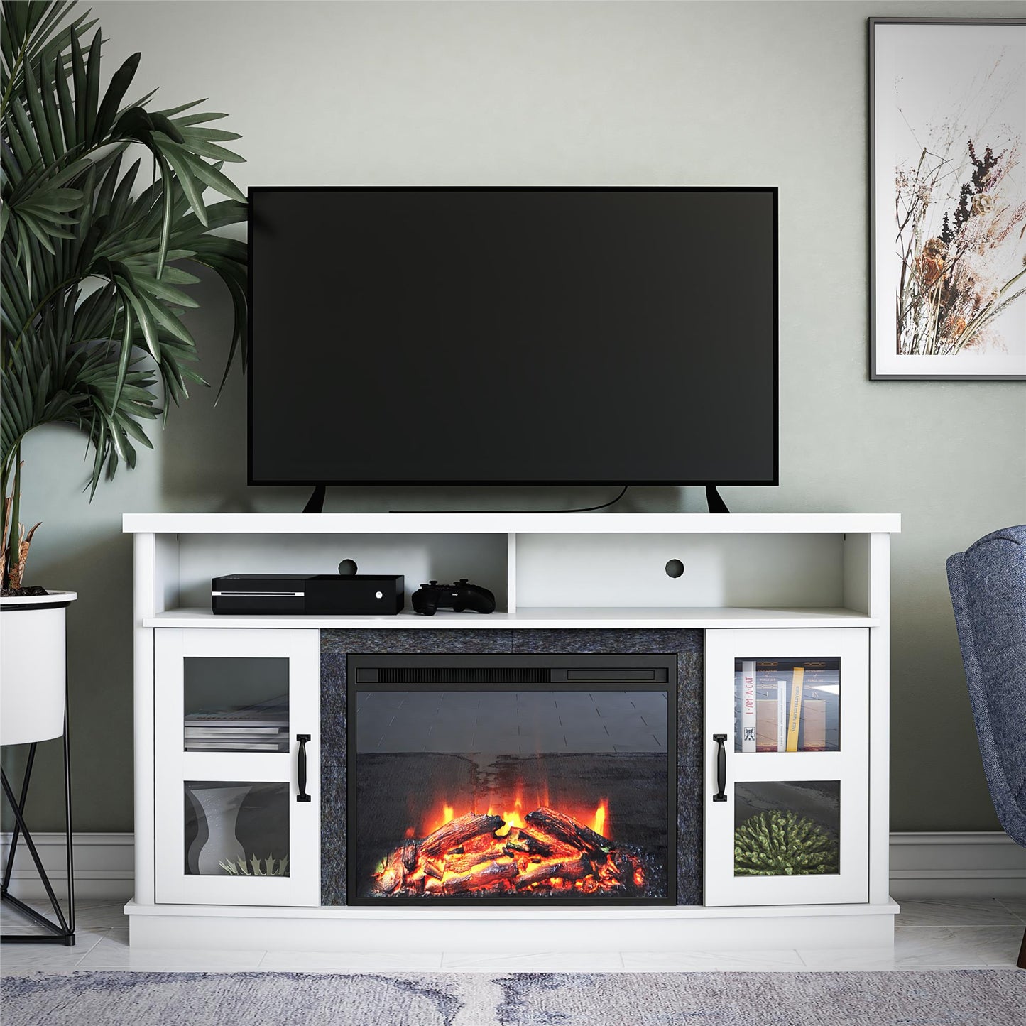Barrow Creek Fireplace Console with Glass Doors for TVs up to 60", White - White