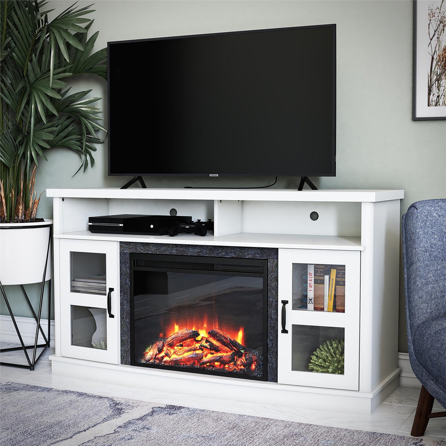 Barrow Creek Fireplace Console with Glass Doors for TVs up to 60", White - White