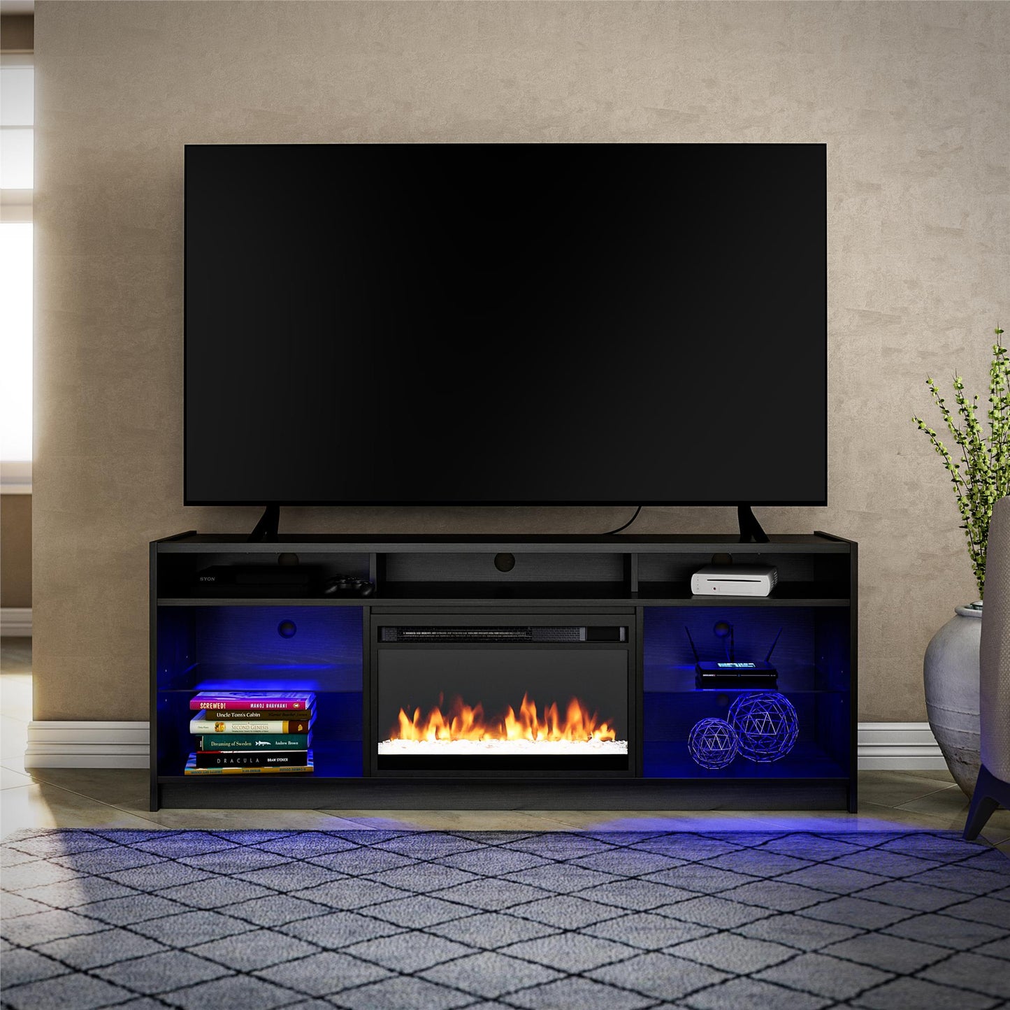 Luna 65 In Fireplace TV Stand - Black Oak