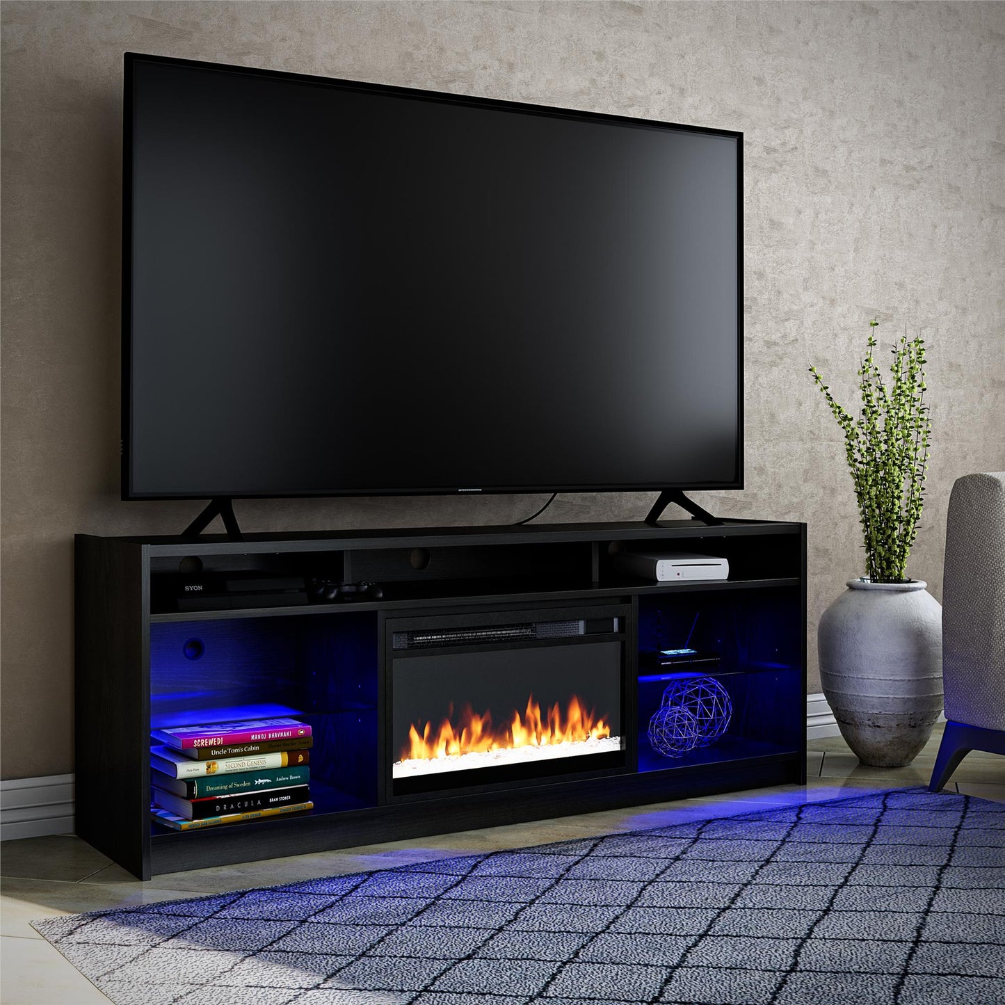 Luna 65 In Fireplace TV Stand - Black Oak
