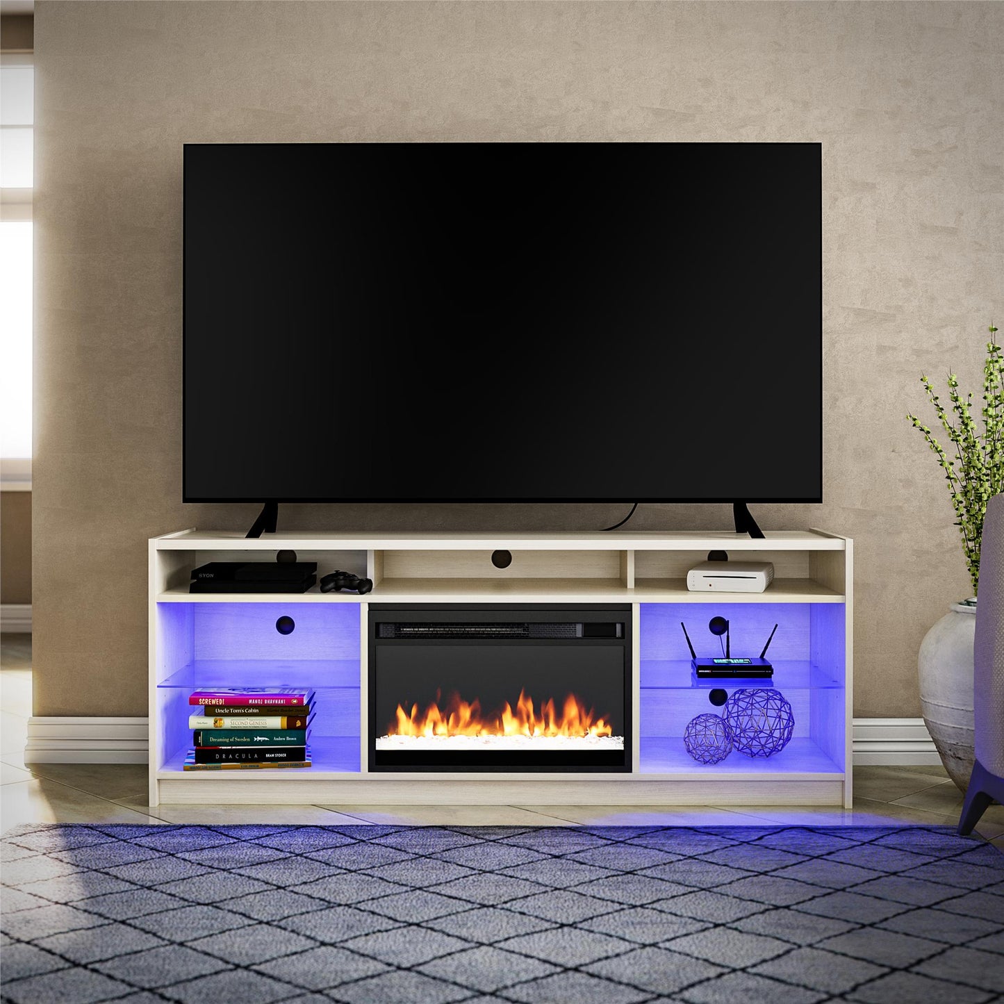 Luna 65 In Fireplace TV Stand - Ivory Oak