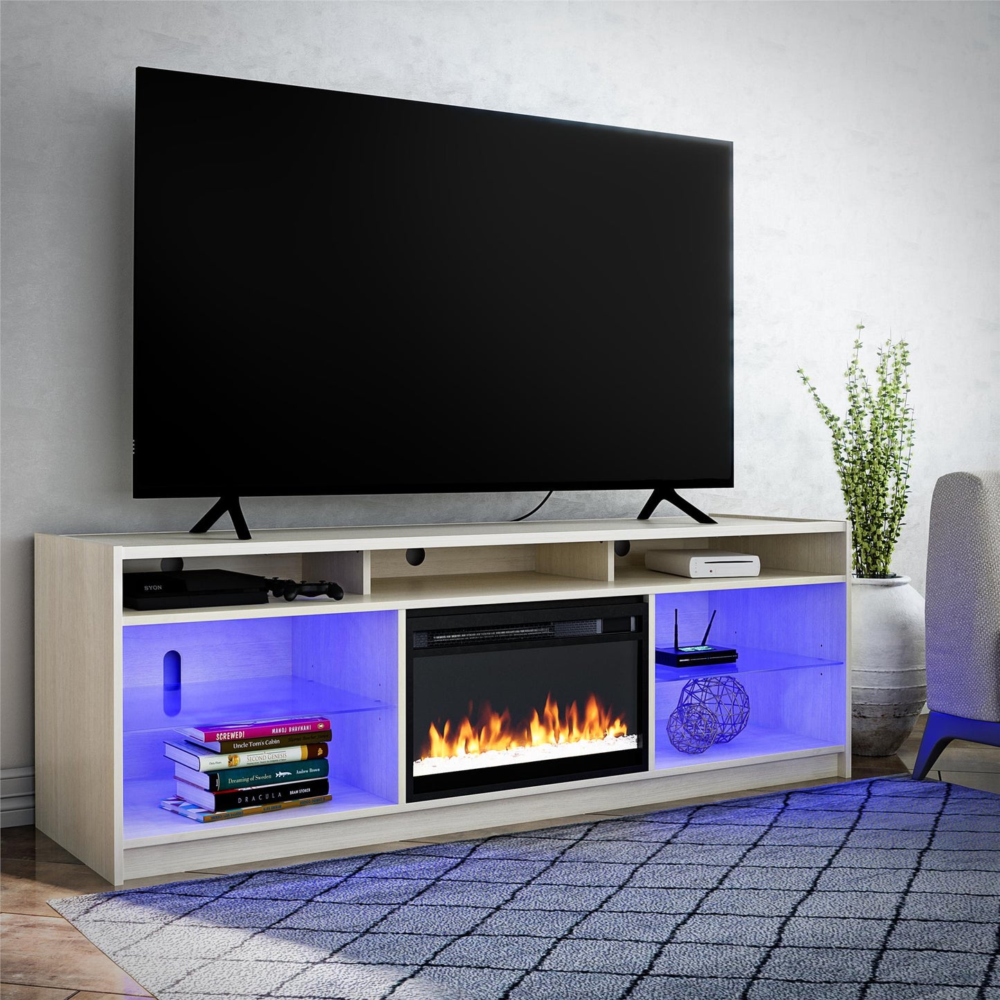 Luna Fireplace TV Stand for TVs up to 75", Ivory Oak - Ivory Oak