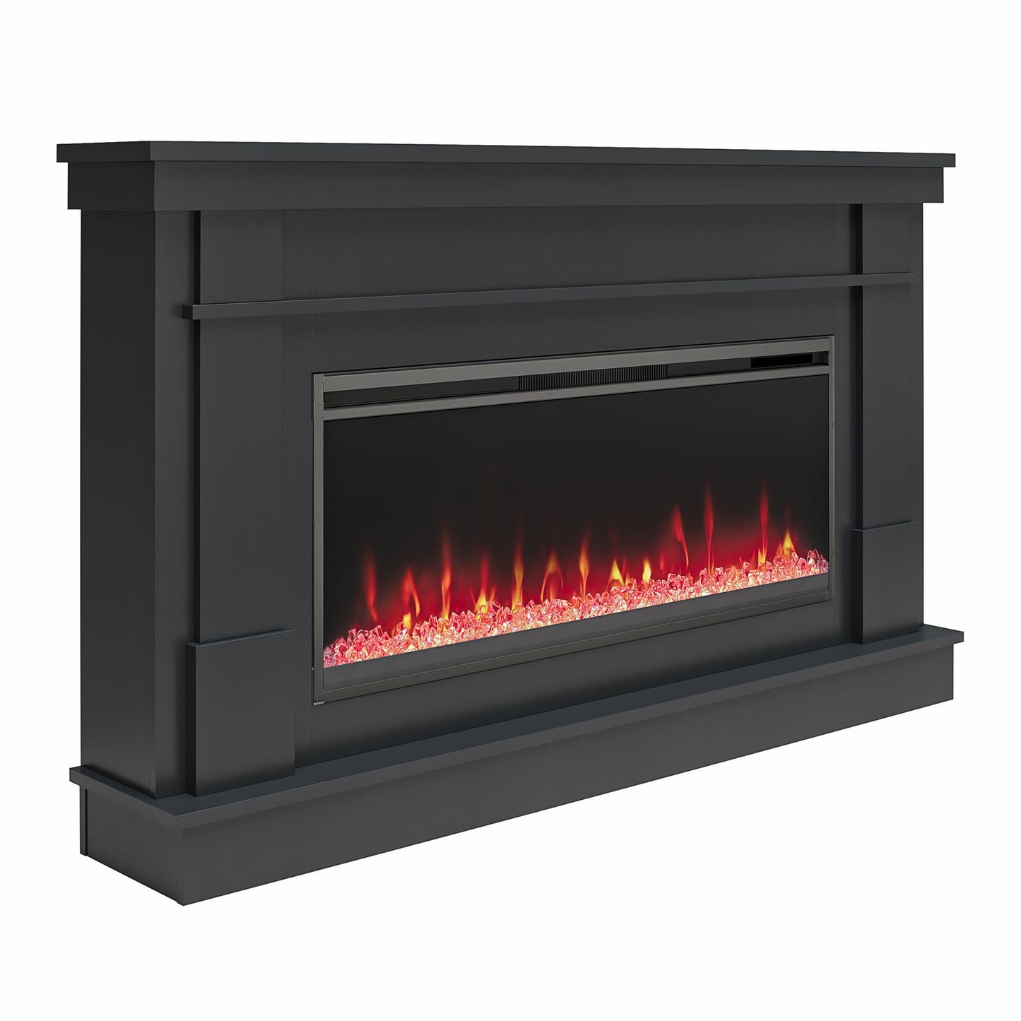 Waverly Wide Mantel with Linear Electric Fireplace & Crystal Ember Bed, Black - Black