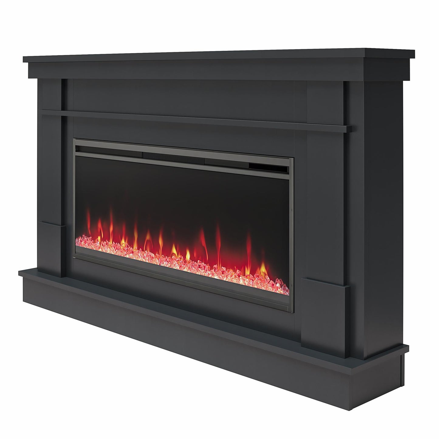 Waverly Wide Mantel with Linear Electric Fireplace & Crystal Ember Bed, Black - Black