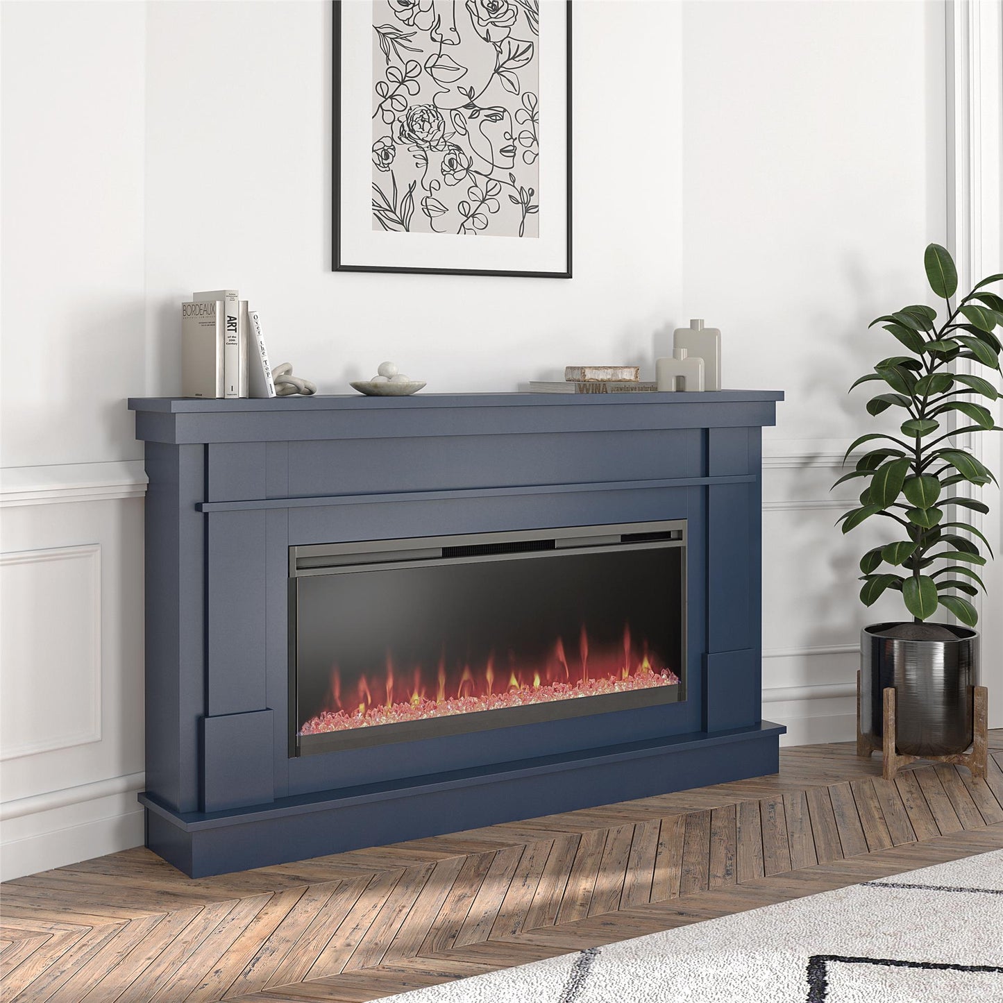 Waverly Wide Mantel with Linear Electric Fireplace & Crystal Ember Bed, Navy - Navy