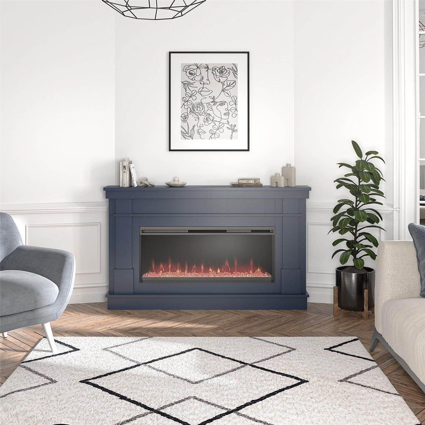 Waverly Wide Mantel with Linear Electric Fireplace & Crystal Ember Bed, Navy - Navy
