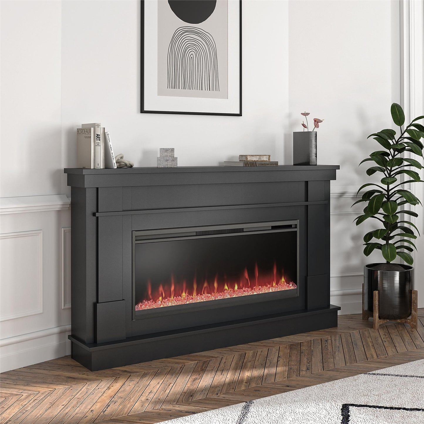 Waverly Wide Mantel with Linear Electric Fireplace & Crystal Ember Bed, Black - Black