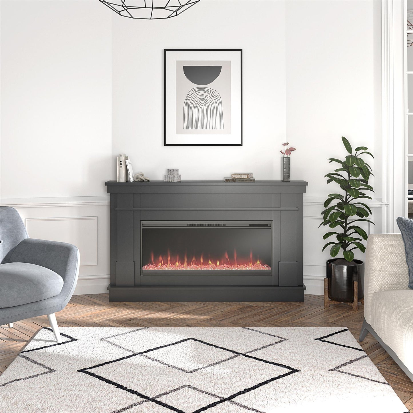 Waverly Wide Mantel with Linear Electric Fireplace & Crystal Ember Bed, Black - Black