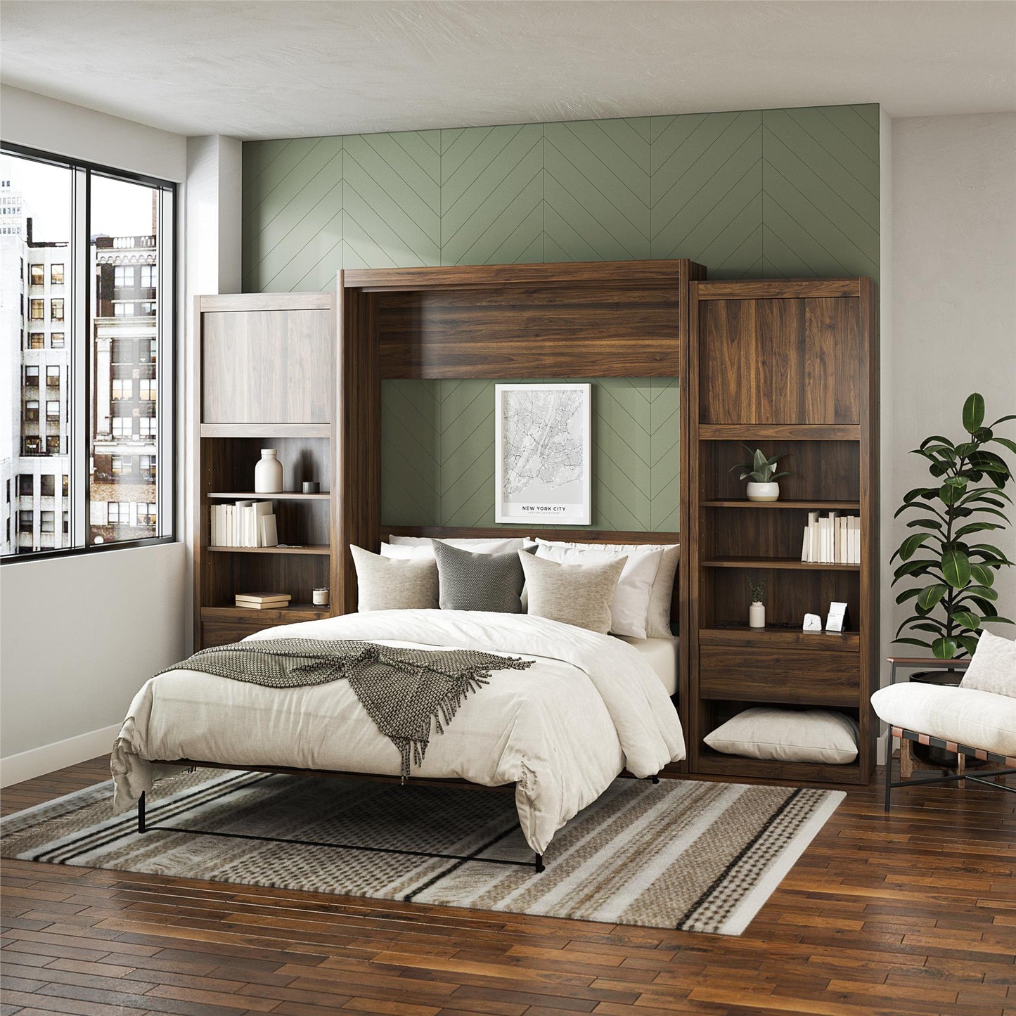 Paramount Single Side Cabinet for Wall Beds with Pullout Nightstand and Storage - Columbia Walnut