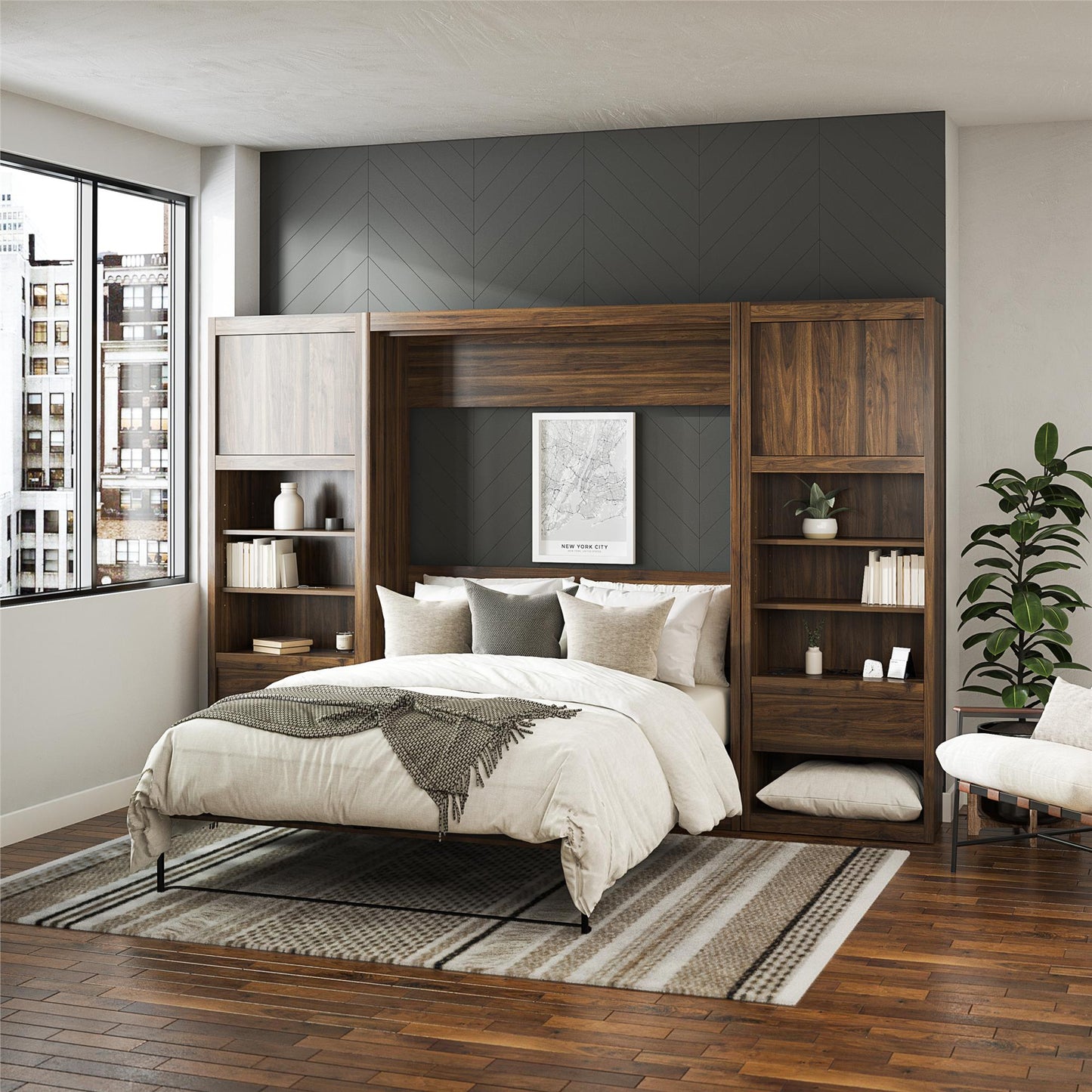 Paramount Single Side Cabinet for Wall Beds with Pullout Nightstand and Storage - Columbia Walnut