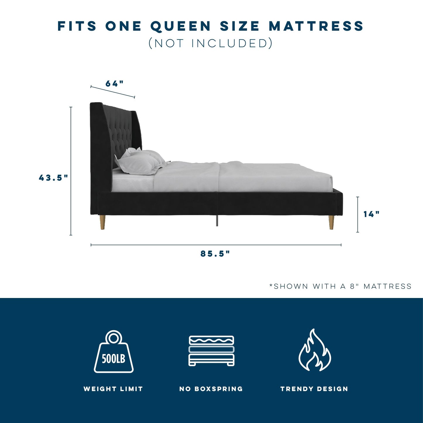 Novogratz Her Majesty Upholstered Bed, Queen, Black Velvet - Black - Queen
