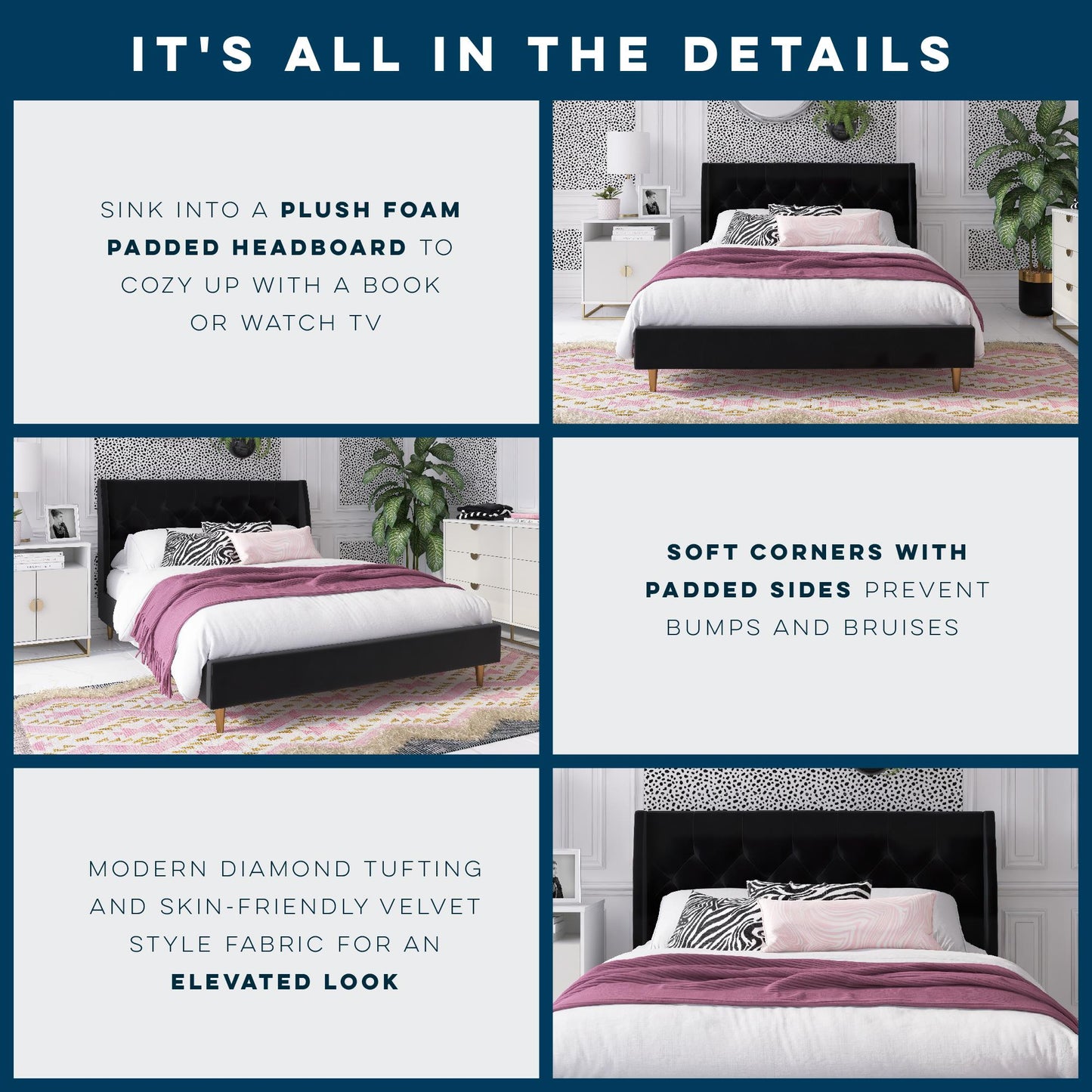 Novogratz Her Majesty Upholstered Bed, Queen, Black Velvet - Black - Queen