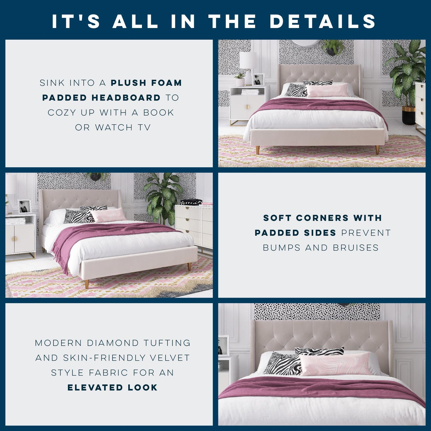 Novogratz Her Majesty Upholstered Bed, Queen, Ivory Velvet - Ivory - Queen