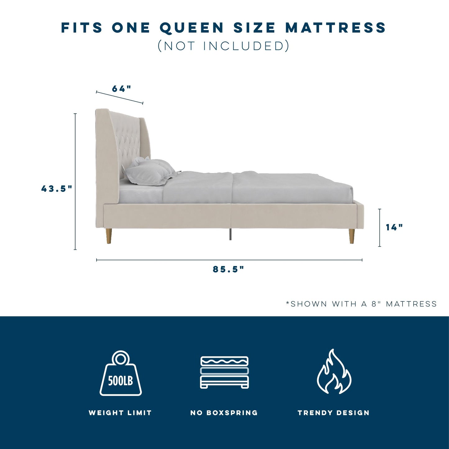 Novogratz Her Majesty Upholstered Bed, Queen, Ivory Velvet - Ivory - Queen