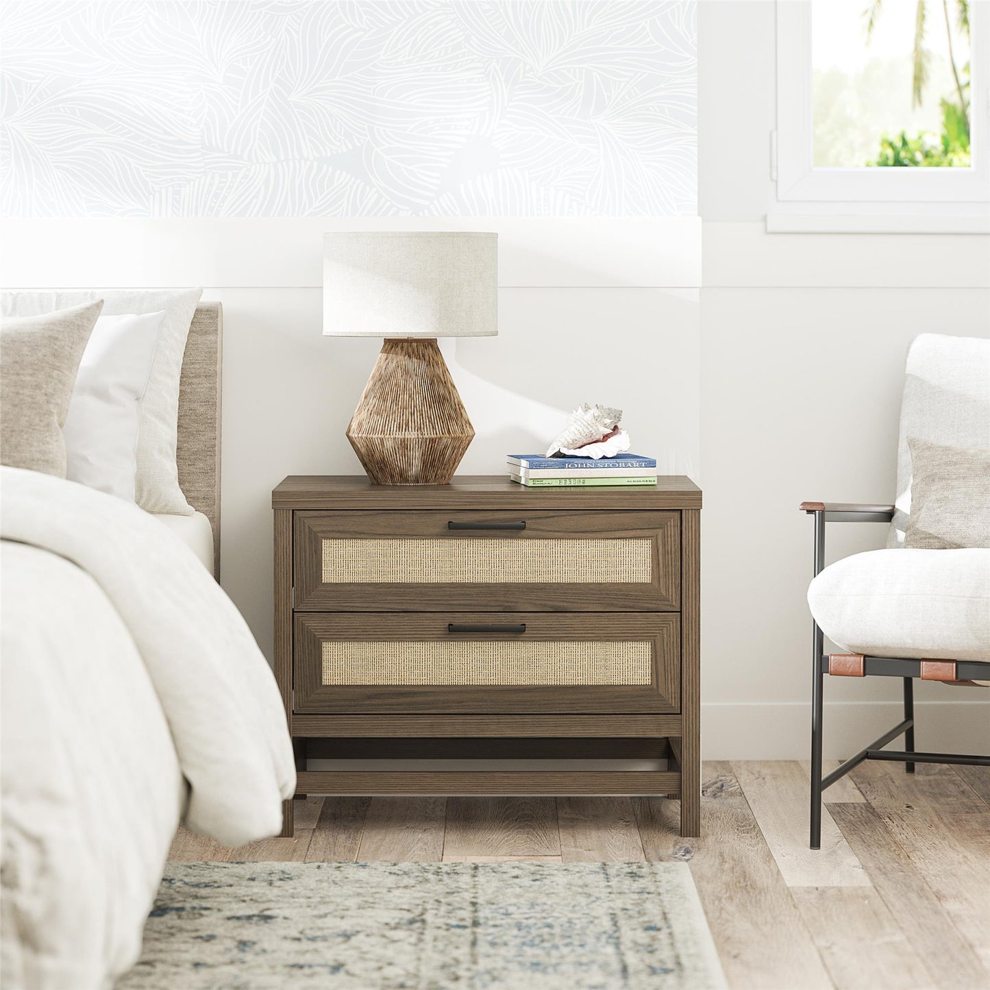 Lennon 2 Drawer Wide Nightstand with Faux Rattan - Ivory Oak