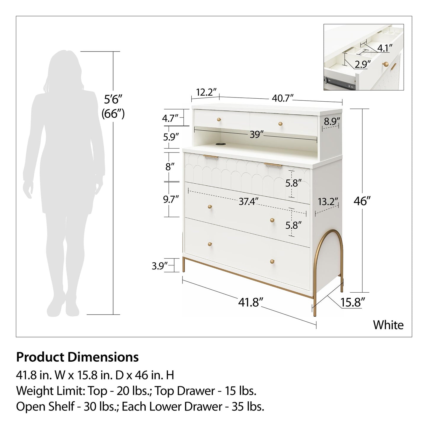 Anastasia 4 Drawer Dresser with Hutch - White