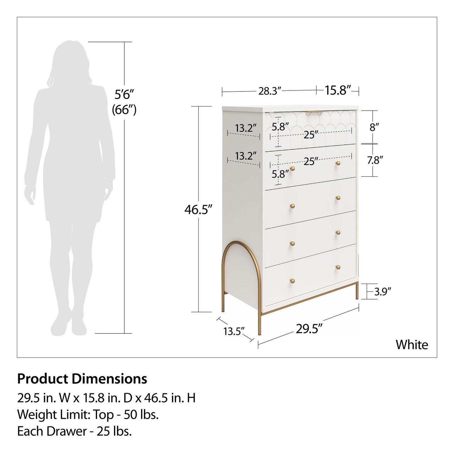Anastasia 5 Drawer Dresser - White