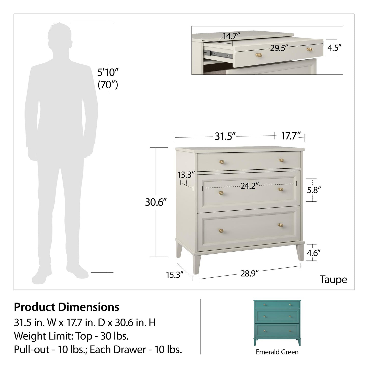 Monticello 2 Drawer Dresser w/ Pull-out Desk - Emerald Green