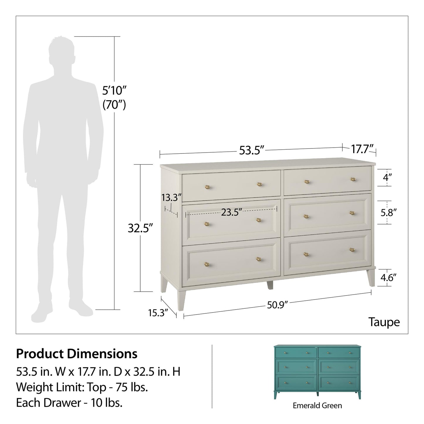 Monticello 6 Drawer Dresser - Emerald Green
