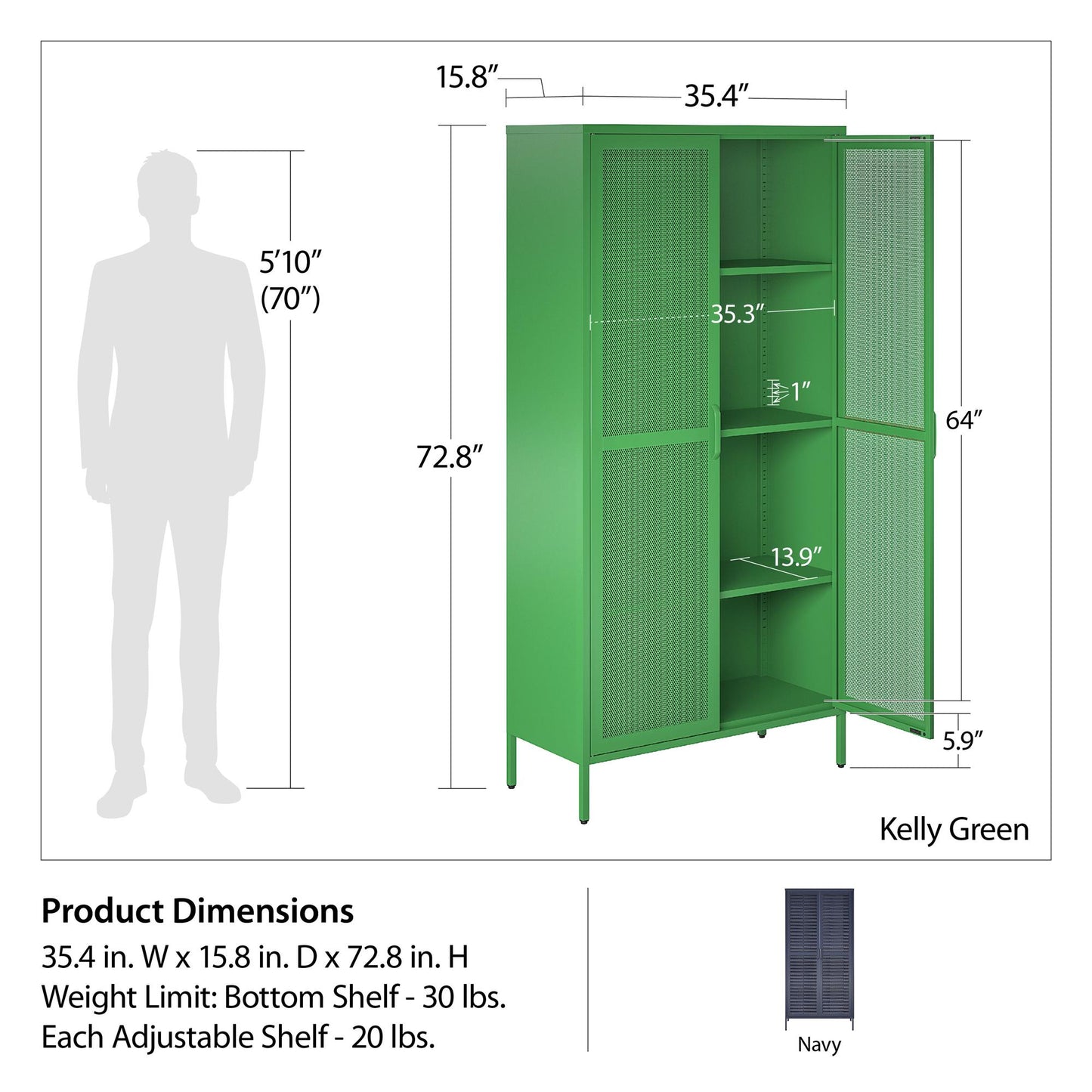 Novogratz Channing Tall 2 Door Storage Cabinet-Mesh Metal Locker - Navy
