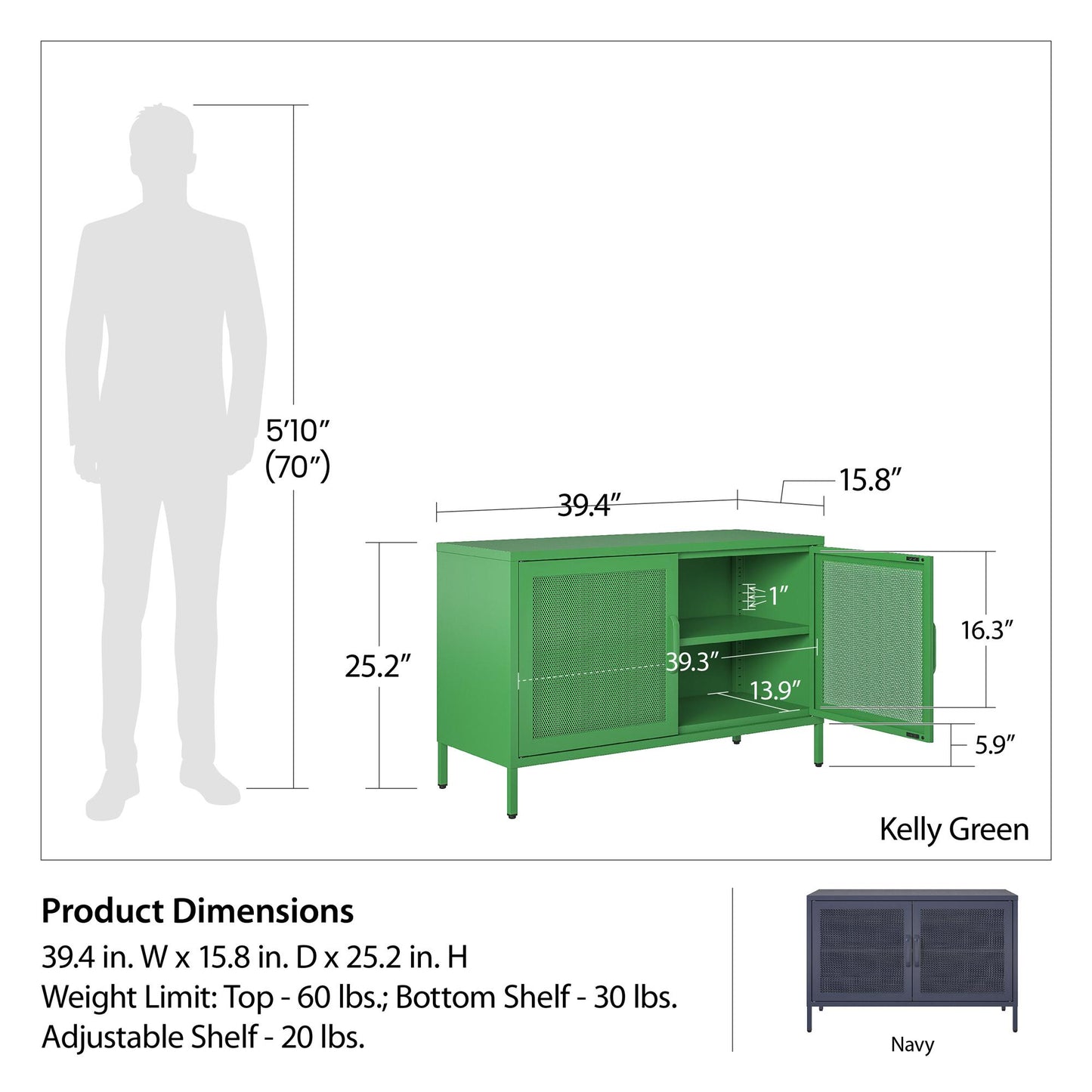 Novogratz Channing 2 Door Storage Cabinet-Mesh Metal Locker - Kelly Green