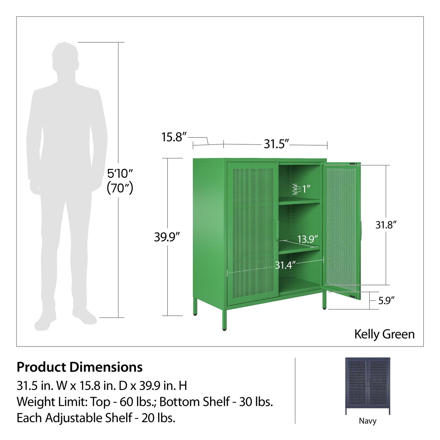 Novogratz Channing 2 Door Accent Cabinet-Mesh Metal Locker - Navy