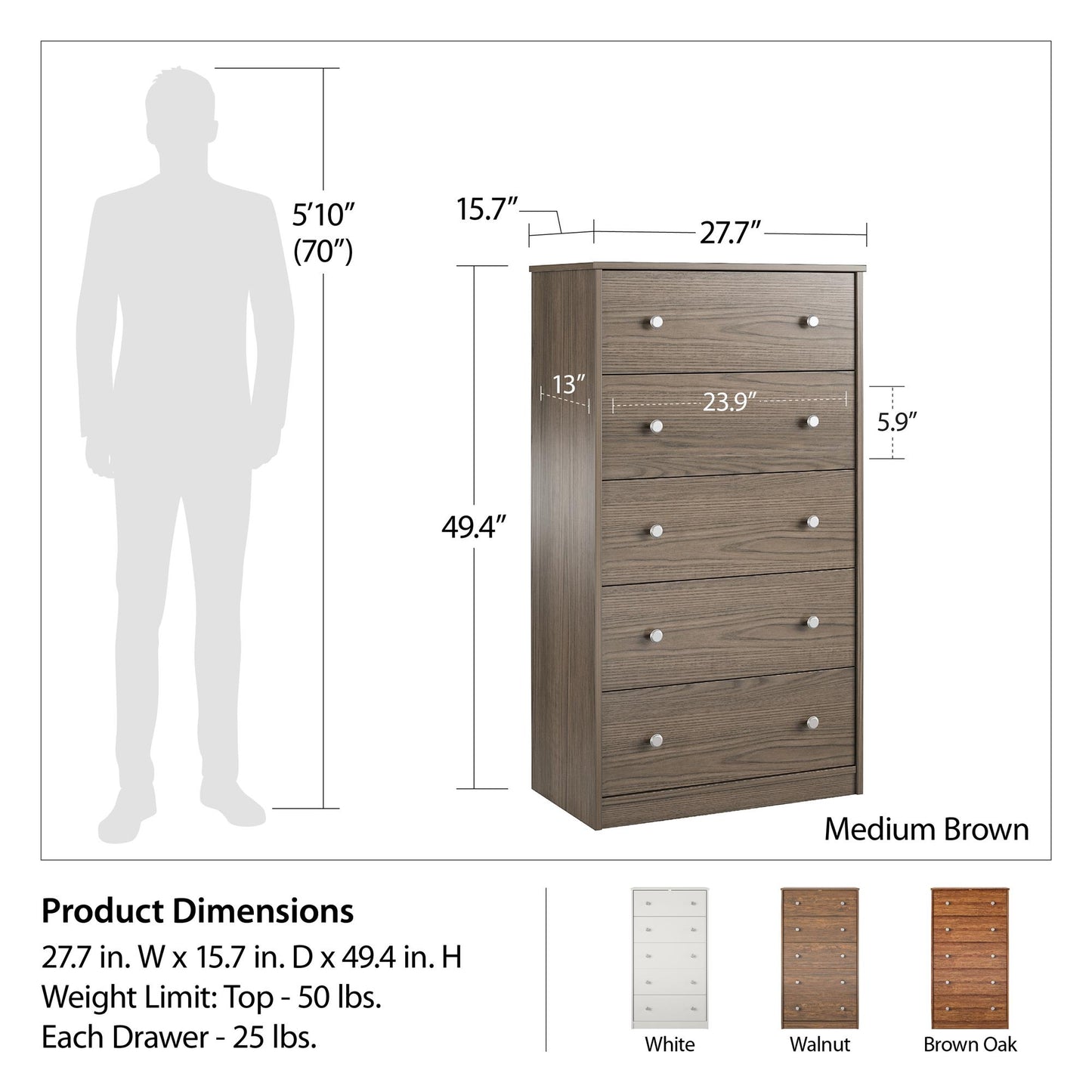 Ellwyn Tall 5 Drawer Dresser - White