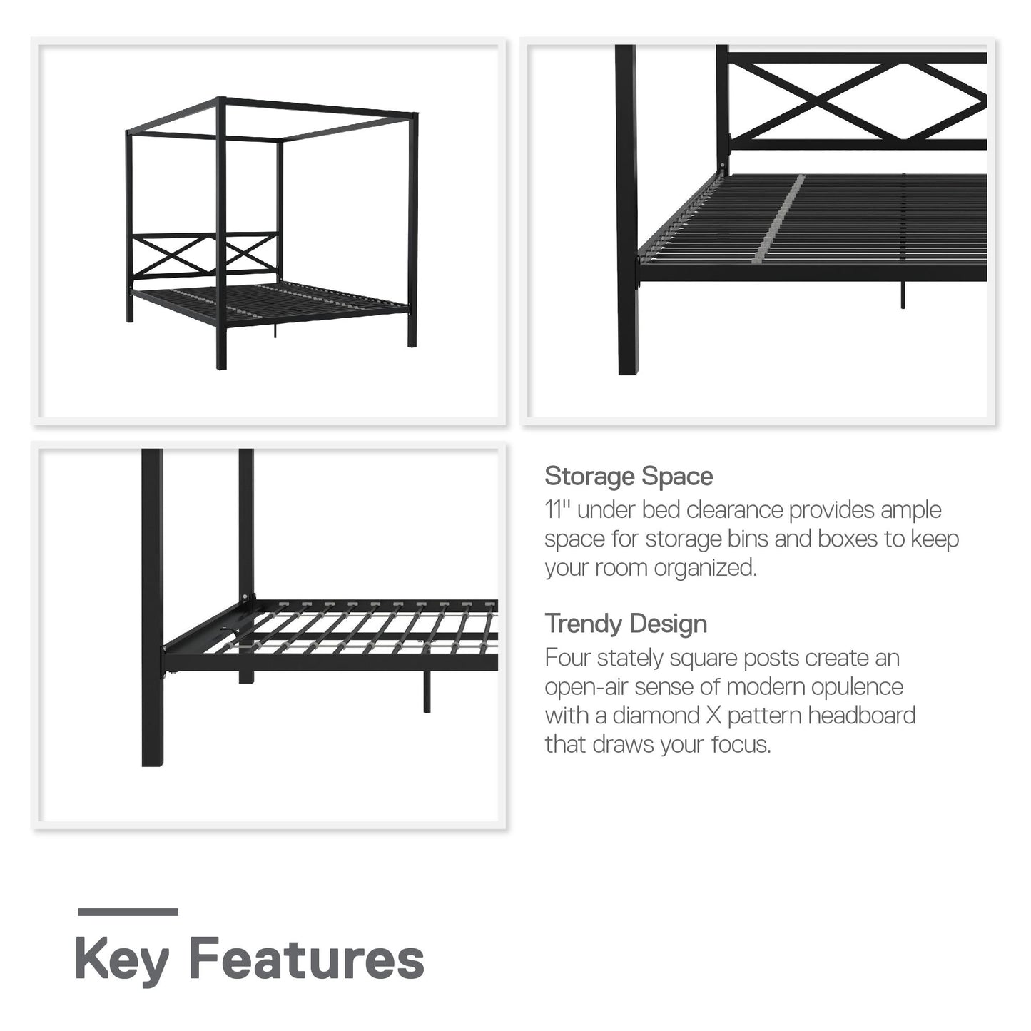 DHP Remna Queen Metal Canopy Bed, Black - Black - Queen