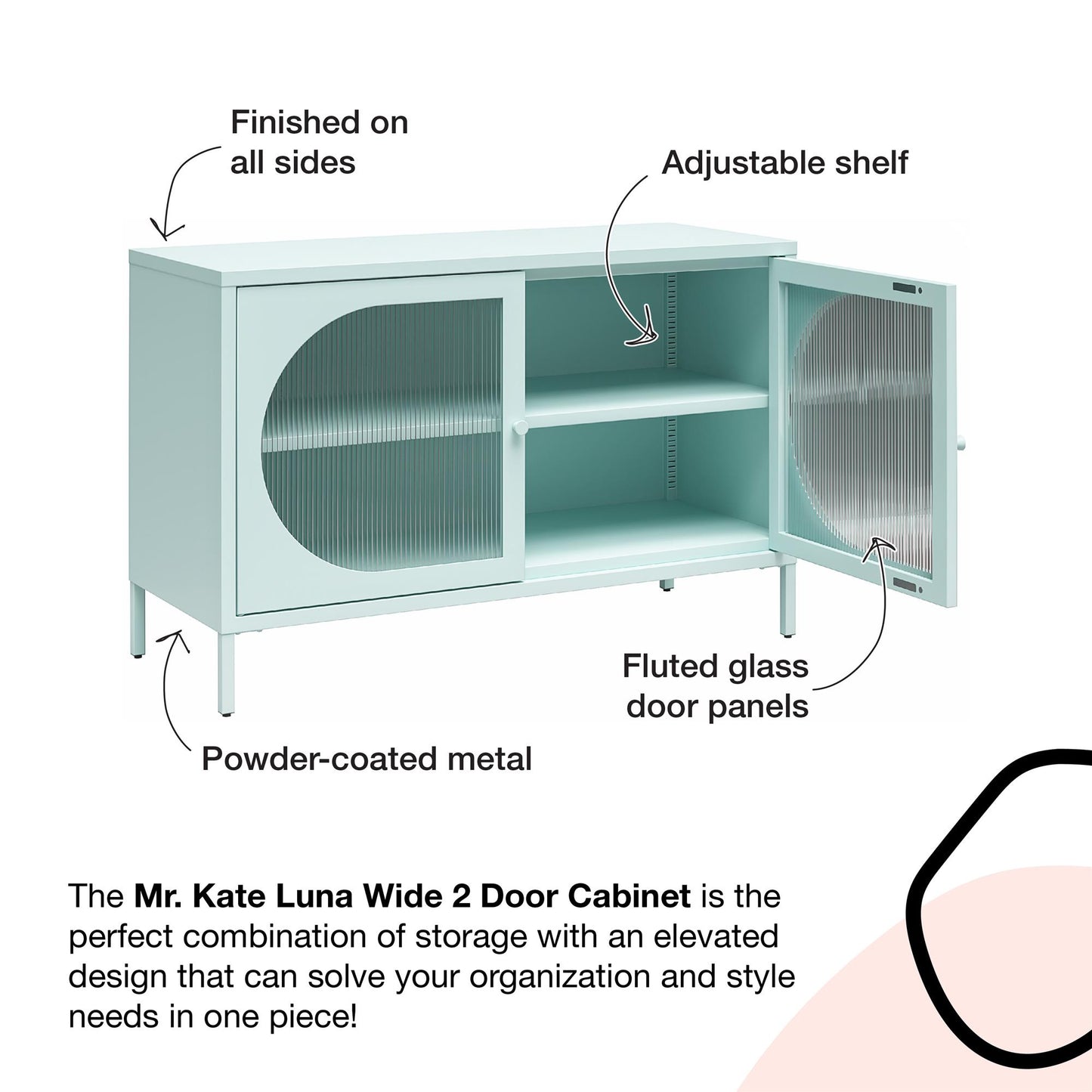 Luna Wide 2 Door Accent Cabinet with Fluted Glass, Sky Blue - Sky Blue