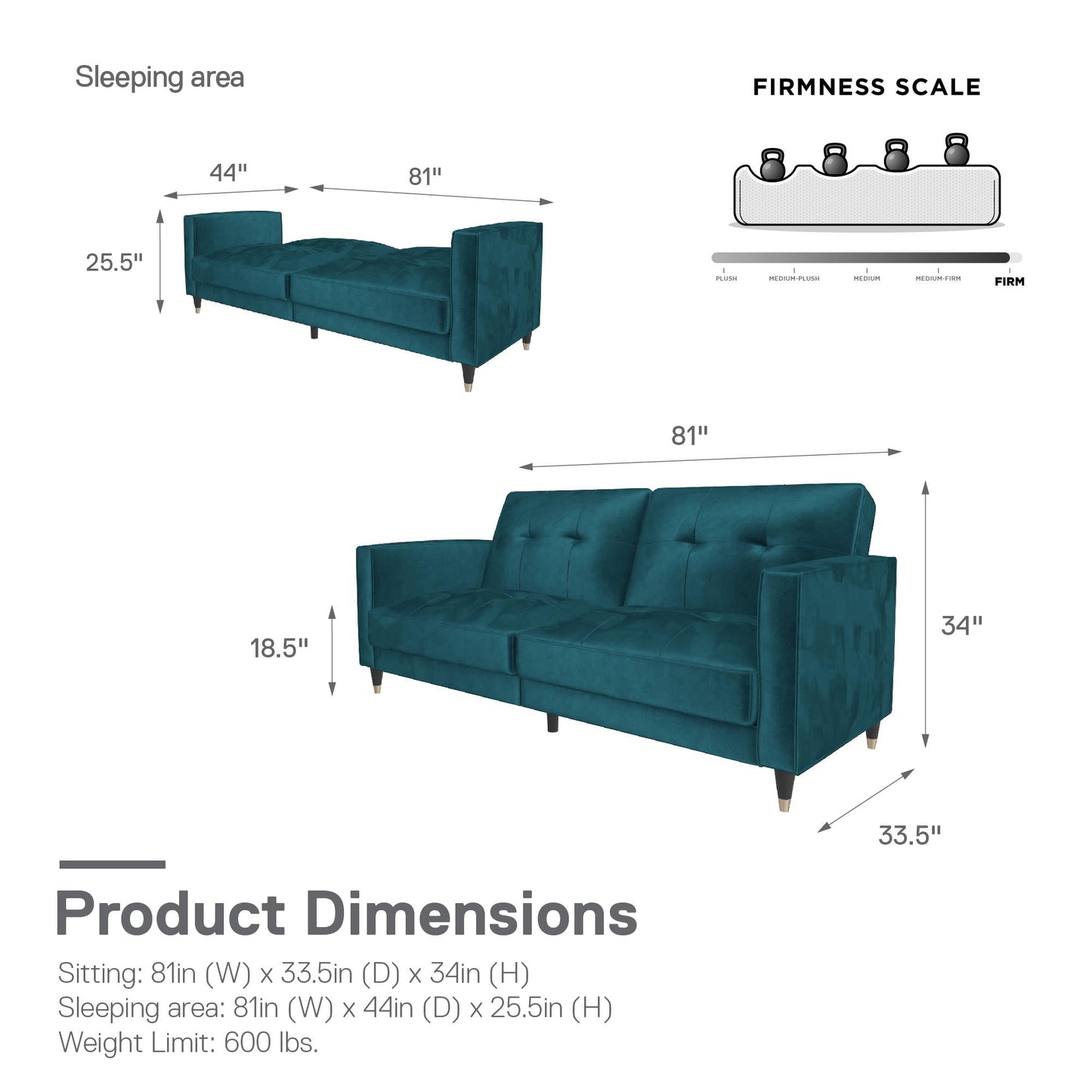 DHP Penelope Pin Tufted Futon, Green Velvet - Green