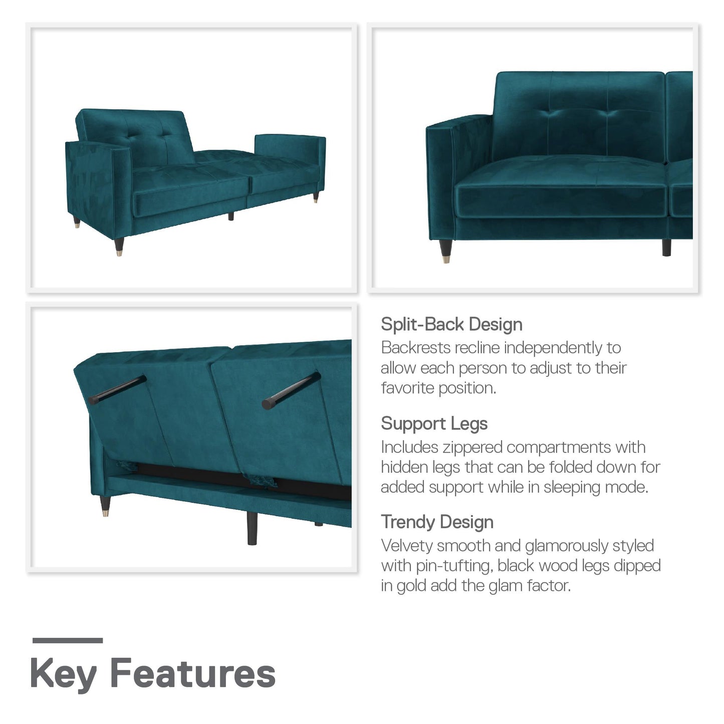 DHP Penelope Pin Tufted Futon, Green Velvet - Green