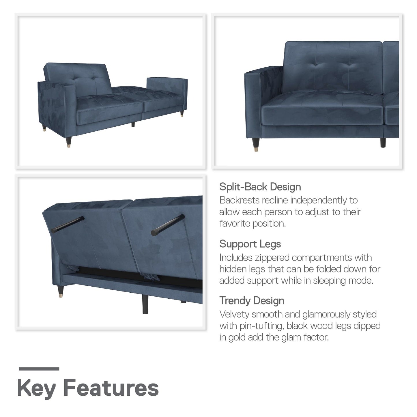 DHP Penelope Pin Tufted Futon, Blue Velvet - Blue