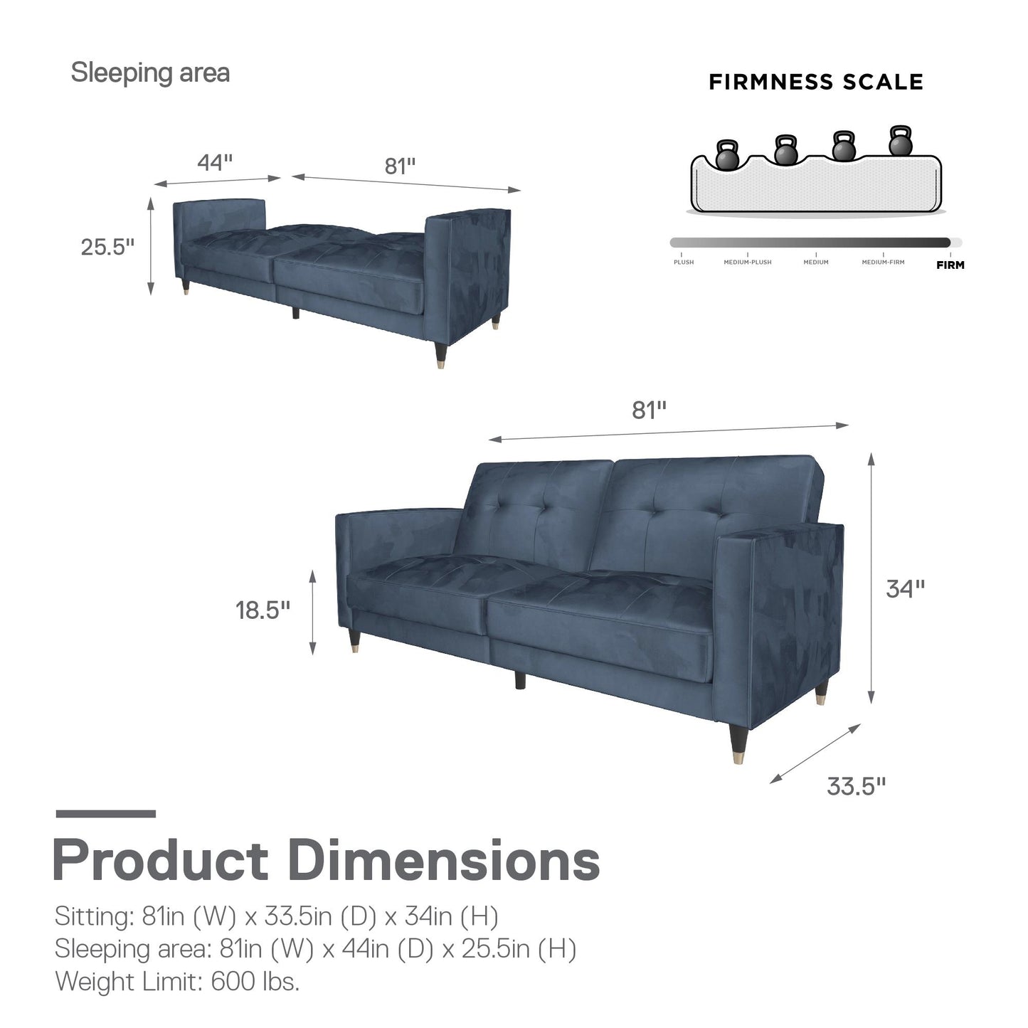 DHP Penelope Pin Tufted Futon, Blue Velvet - Blue