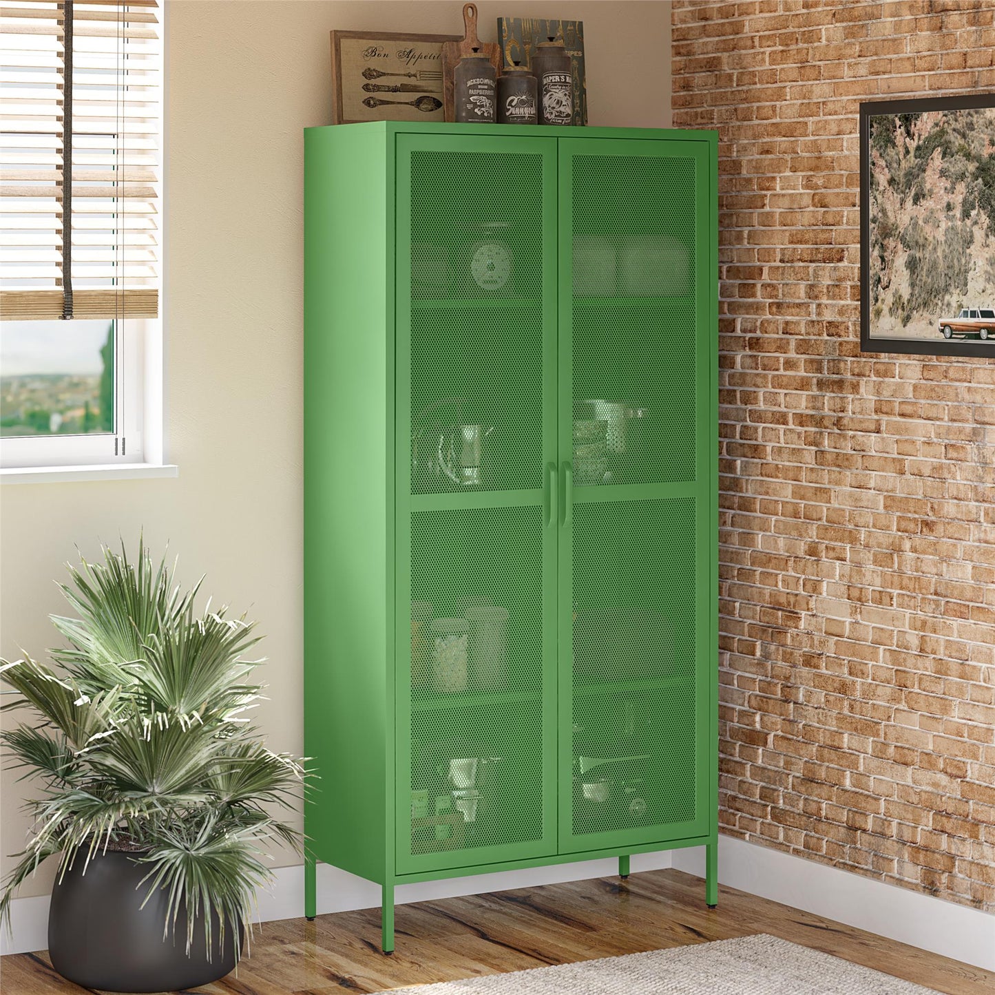 Novogratz Channing Tall 2 Door Storage Cabinet-Mesh Metal Locker - Kelly Green
