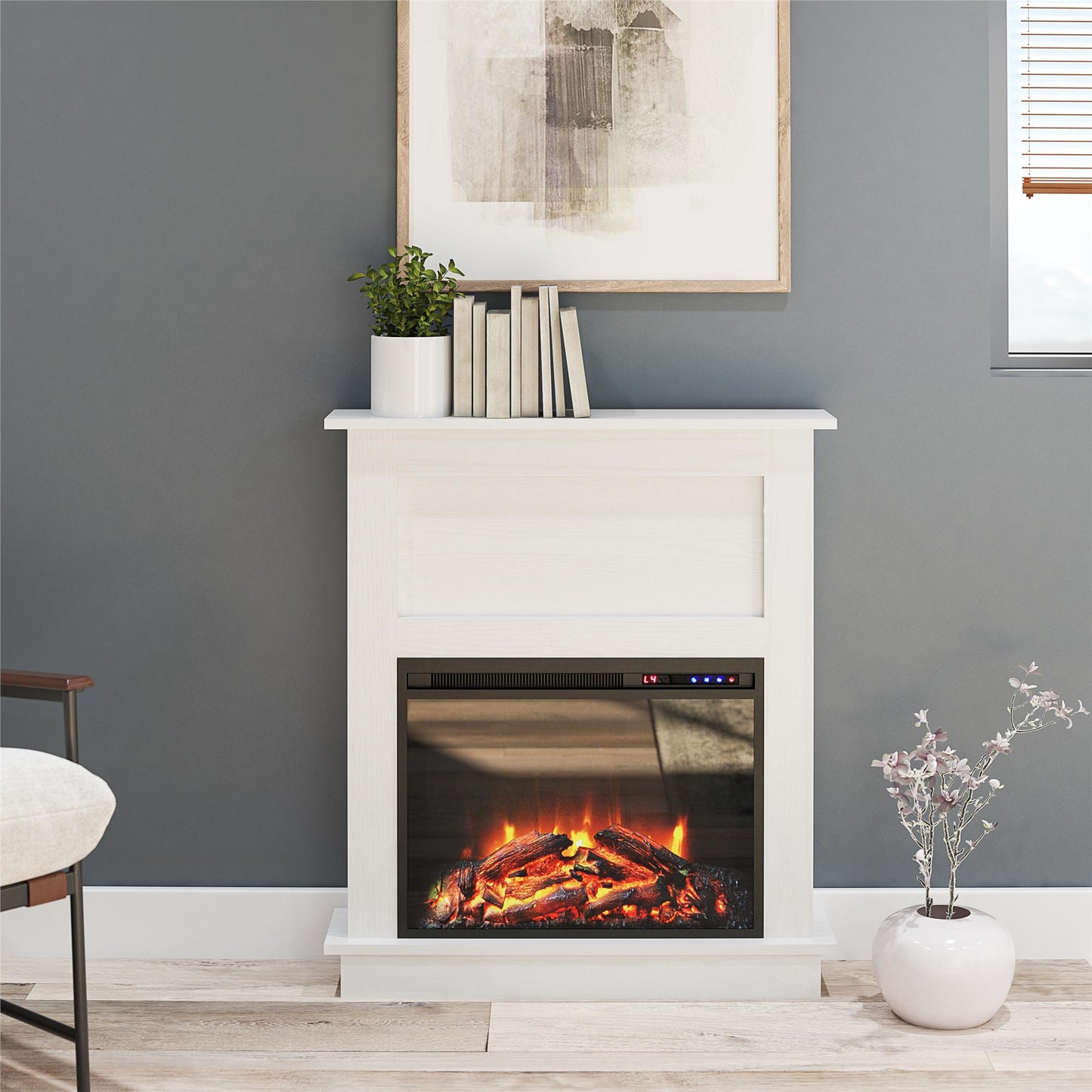 Ellsworth Modern Electric Fireplace with Mantel and 23 Inch Fireplace Insert - White