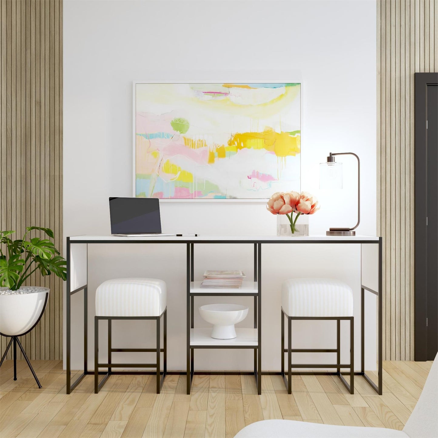 Perry Sofa Table with Stools - White