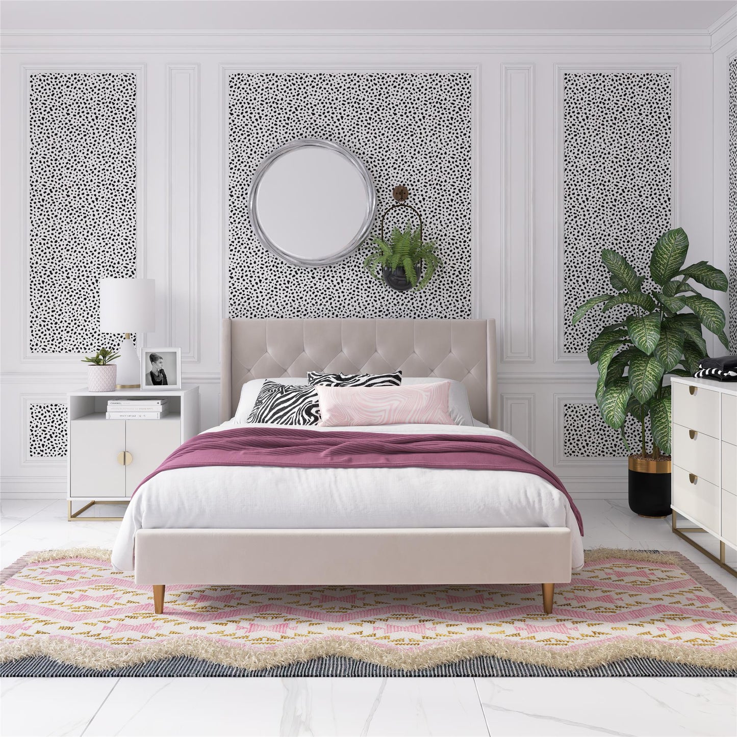 Novogratz Her Majesty Upholstered Bed, Queen, Ivory Velvet - Ivory - Queen