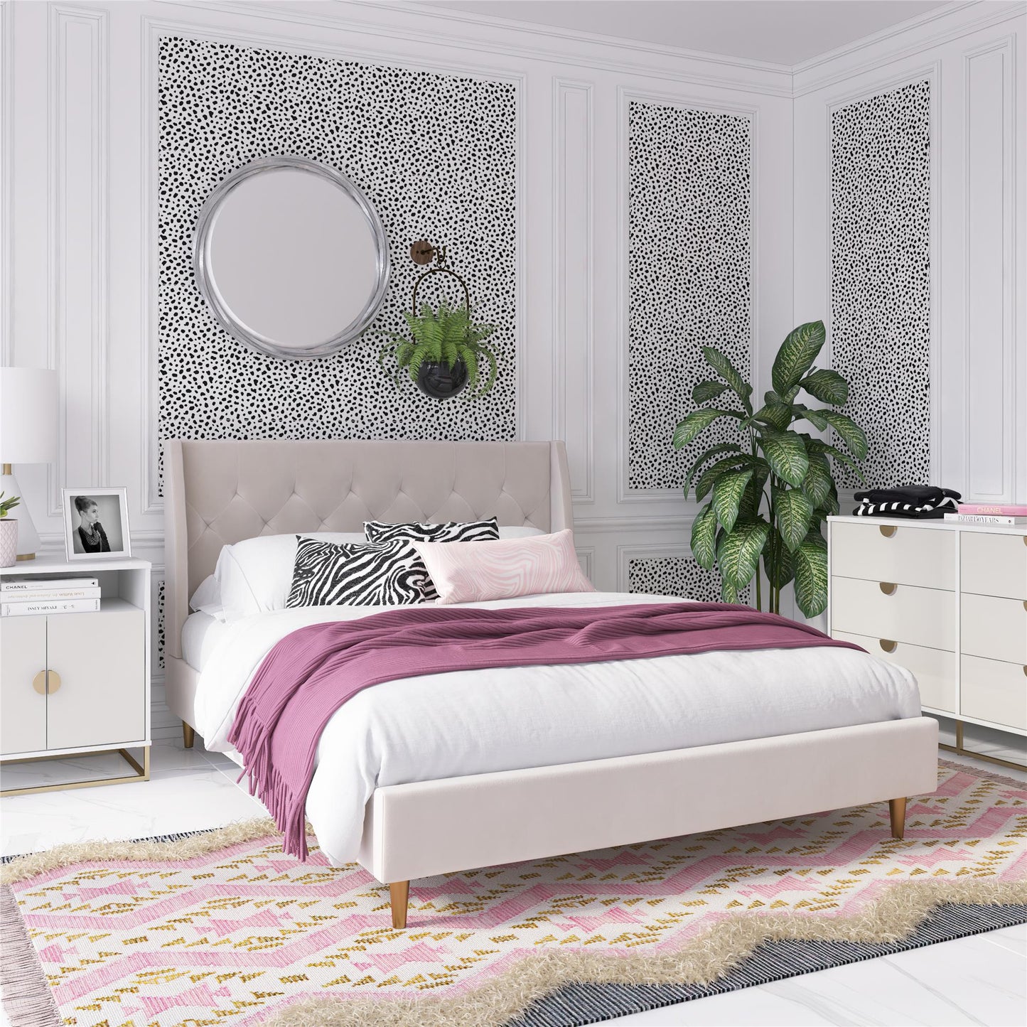 Novogratz Her Majesty Upholstered Bed, Queen, Ivory Velvet - Ivory - Queen