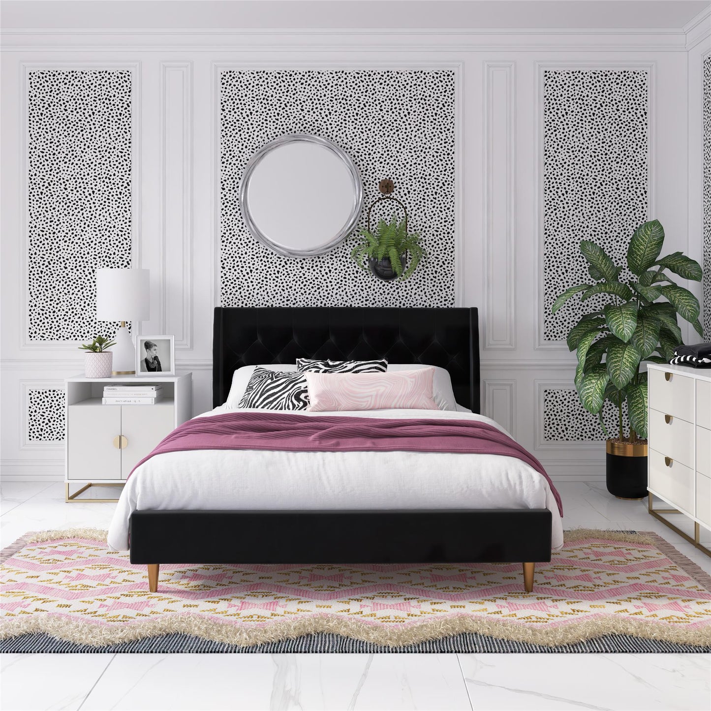 Novogratz Her Majesty Upholstered Bed, Queen, Black Velvet - Black - Queen