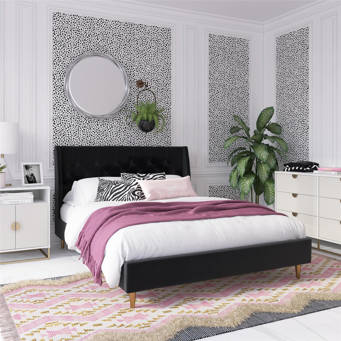 Novogratz Her Majesty Upholstered Bed, Queen, Black Velvet - Black - Queen
