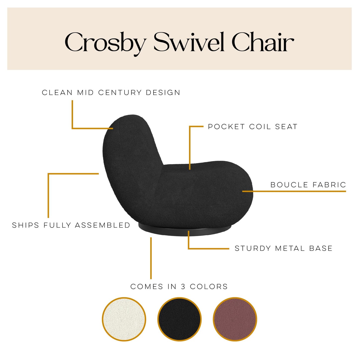 Crosby Boucle Swivel Chair - Black
