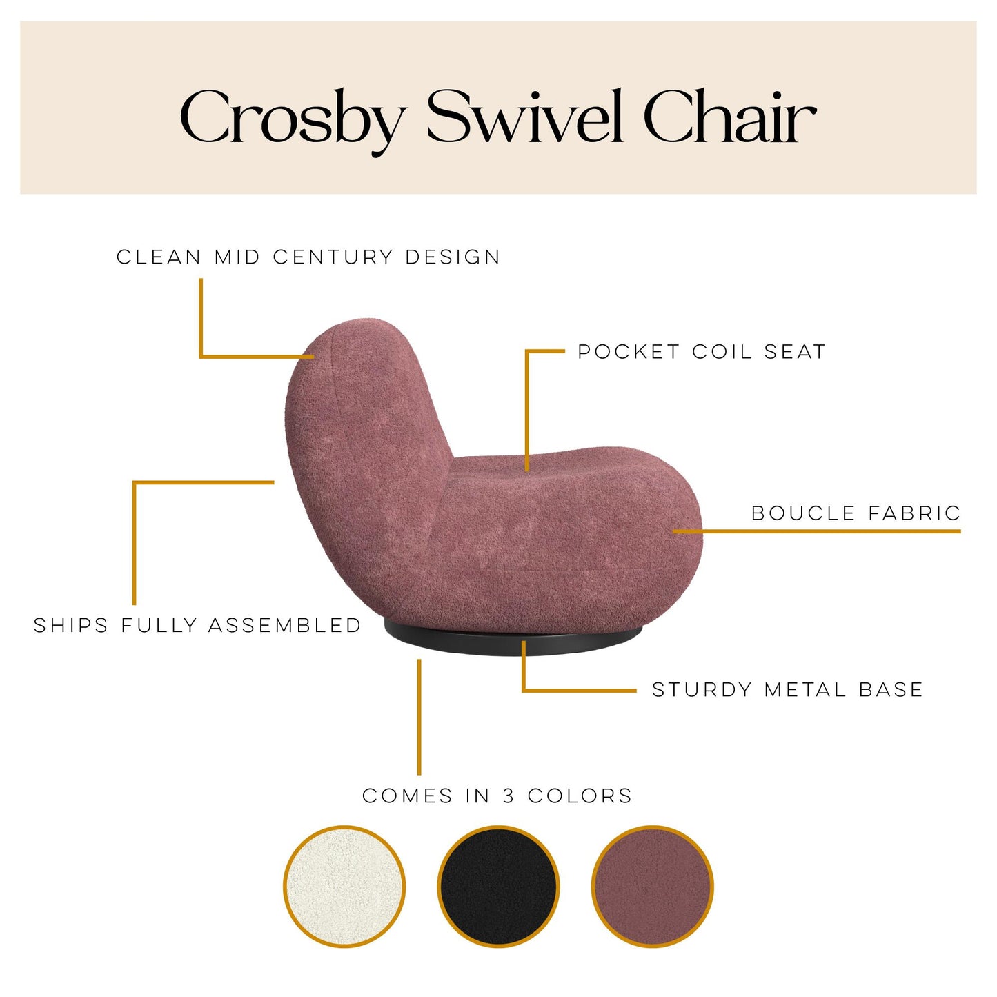 Crosby Boucle Swivel Chair - Berry