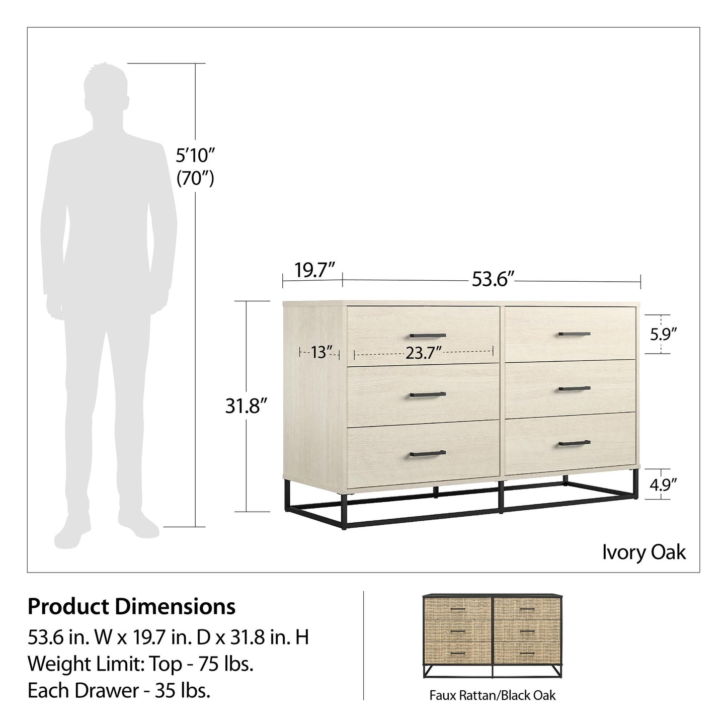 Kelly 6 Drawer Dresser, Faux Rattan & Black Oak - Black Oak
