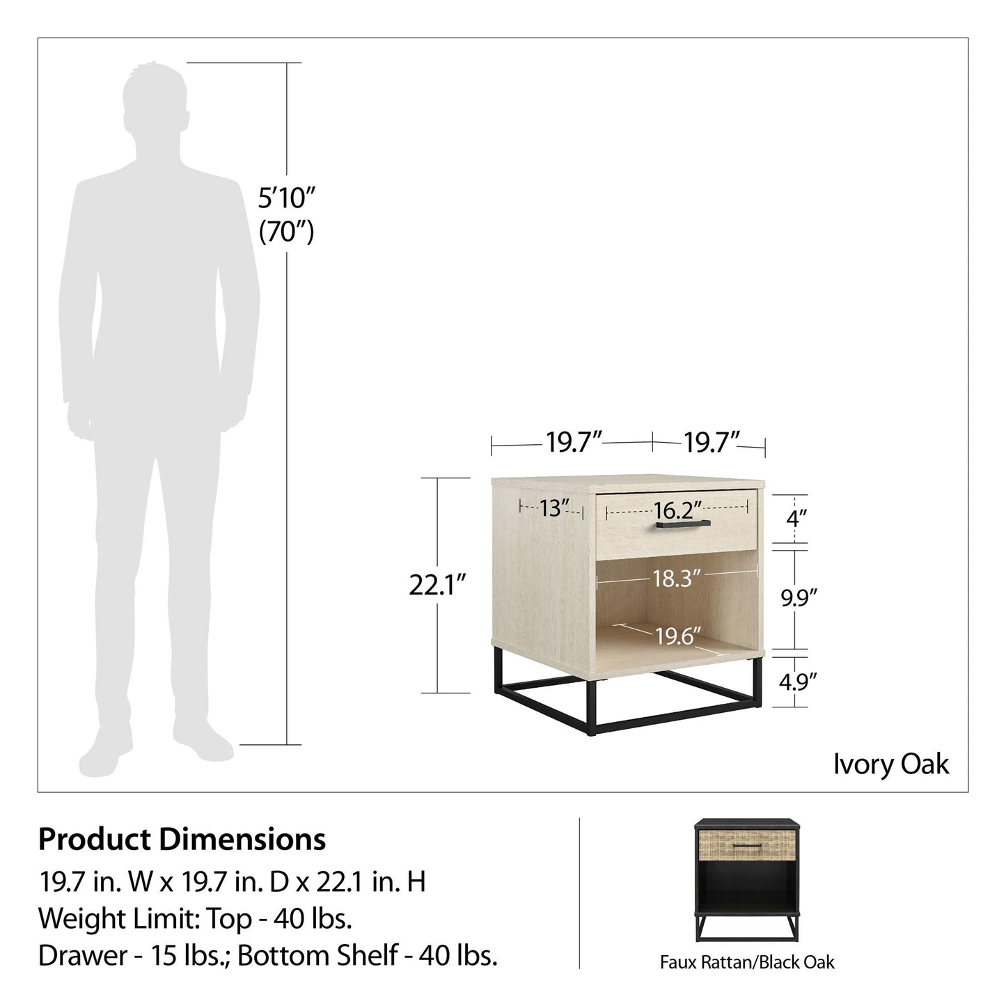 Kelly Nightstand, Faux Rattan & Black Oak - Black Oak